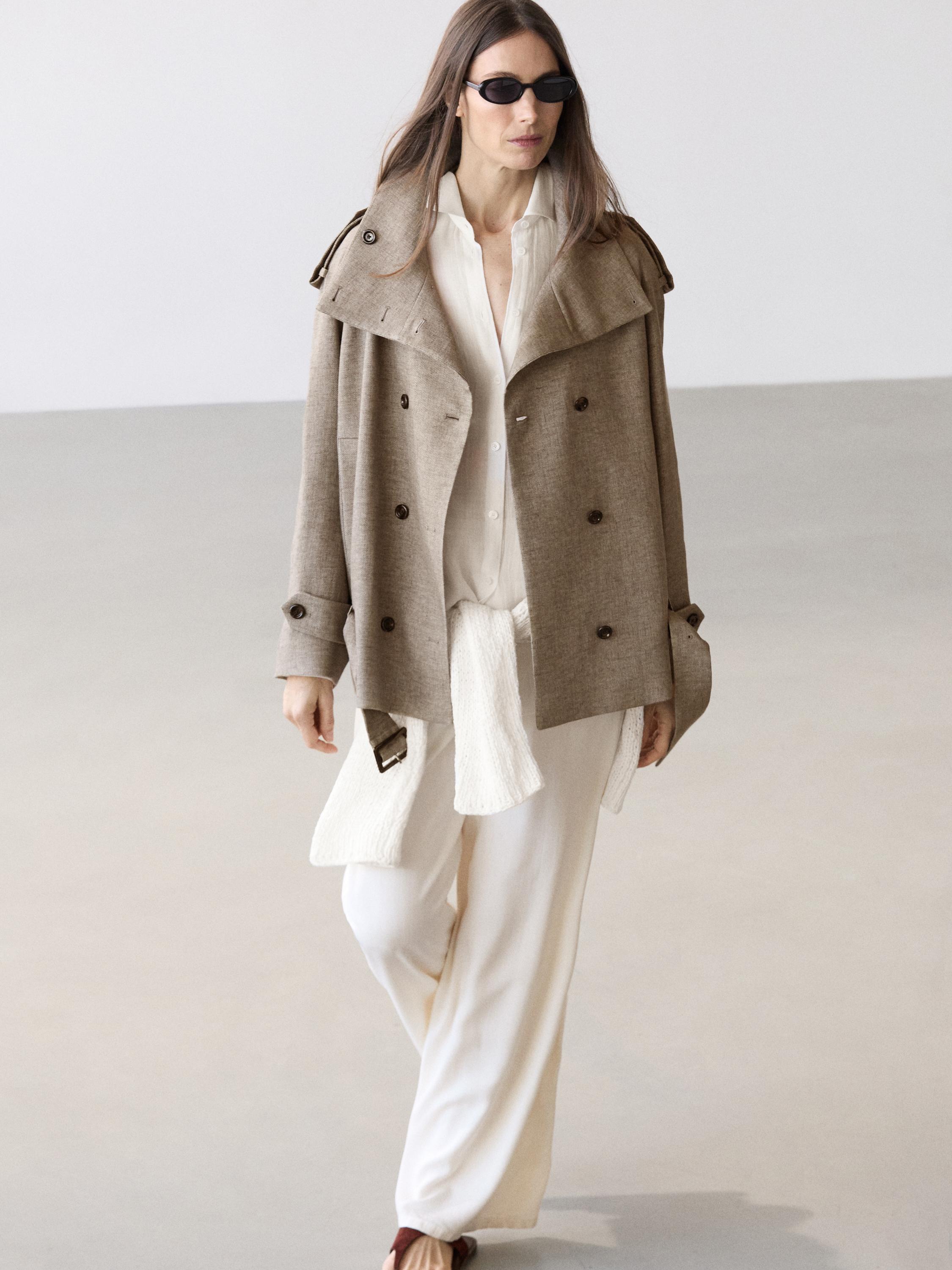 Linen melange high neck trench coat — TAUPE GREY
