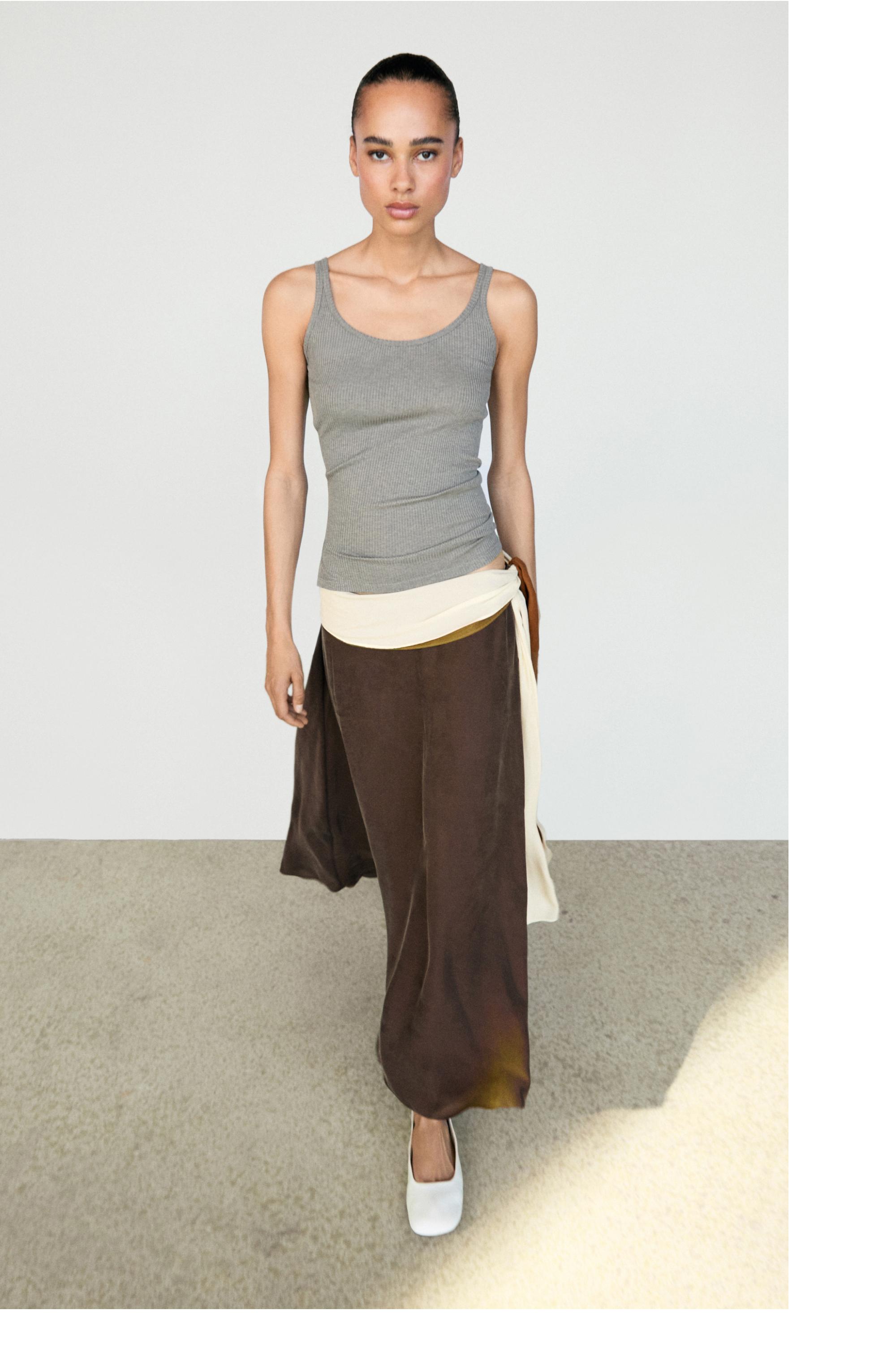 Contrast Ruffle Midi Skirt — BROWN