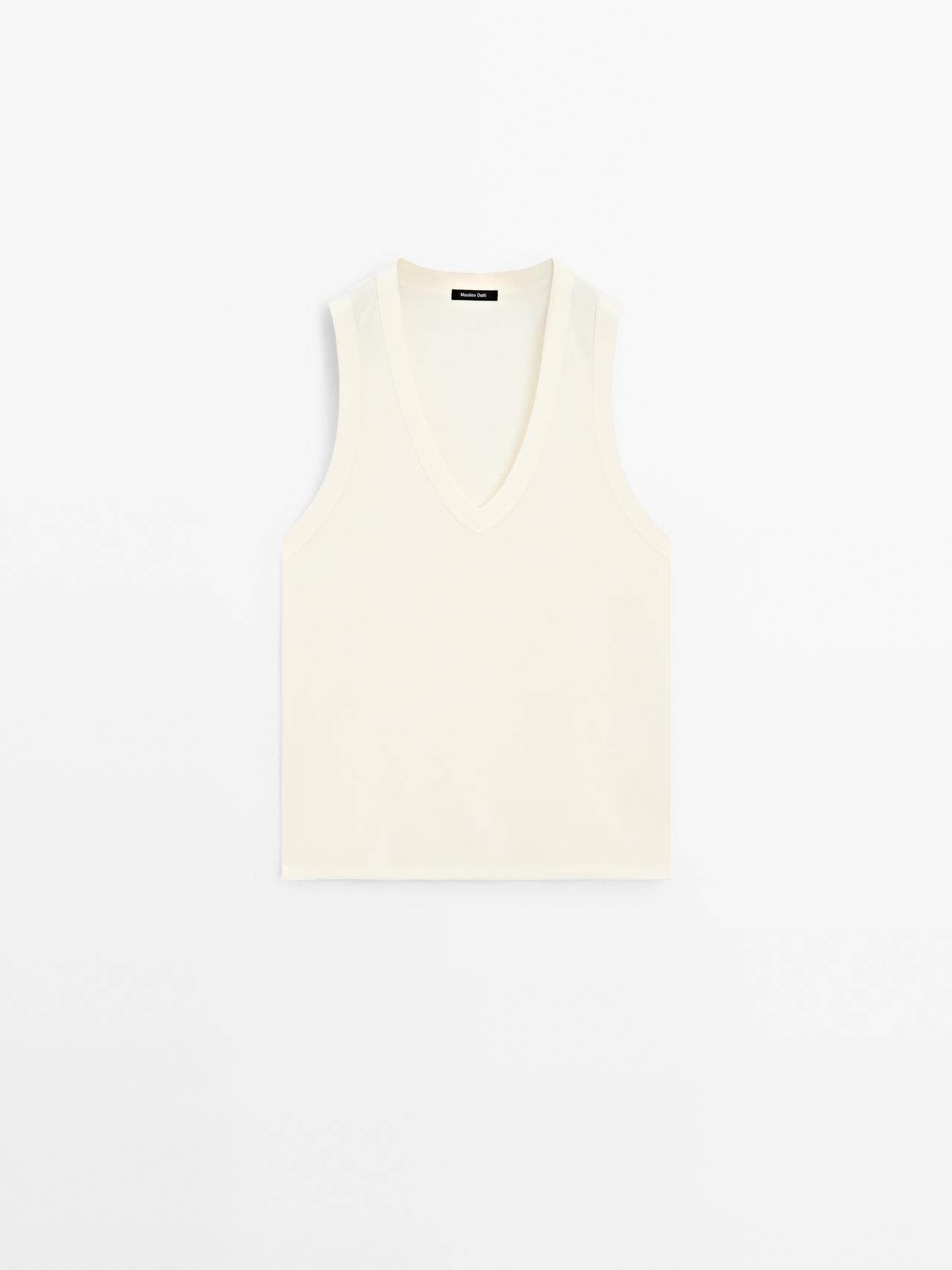 Massimo Dutti - Dames - Mouwloos T-Shirt Van Gemerceriseerde Katoen - Lichtgeel - M