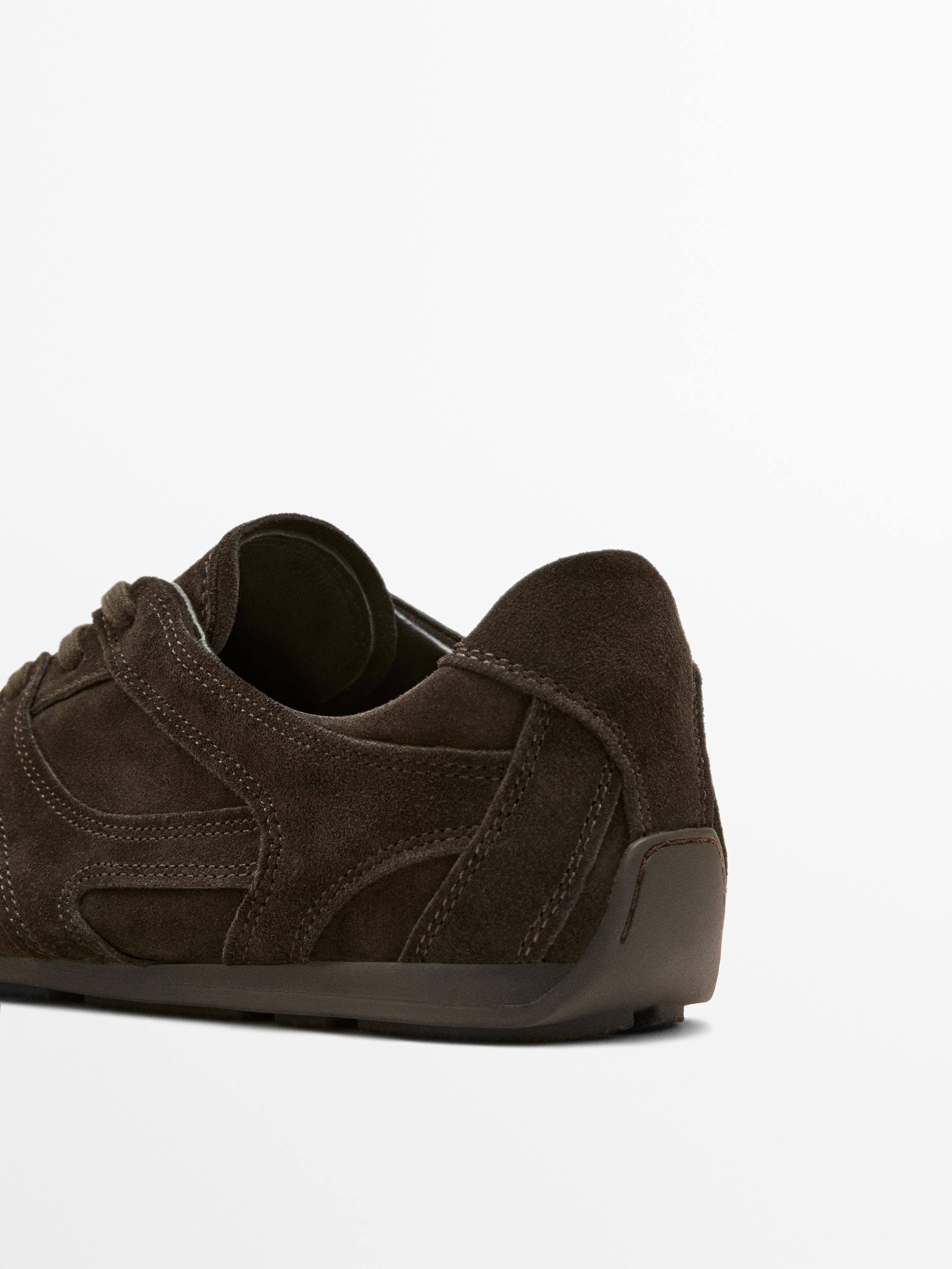 Split leather trainers with piece details — GREY