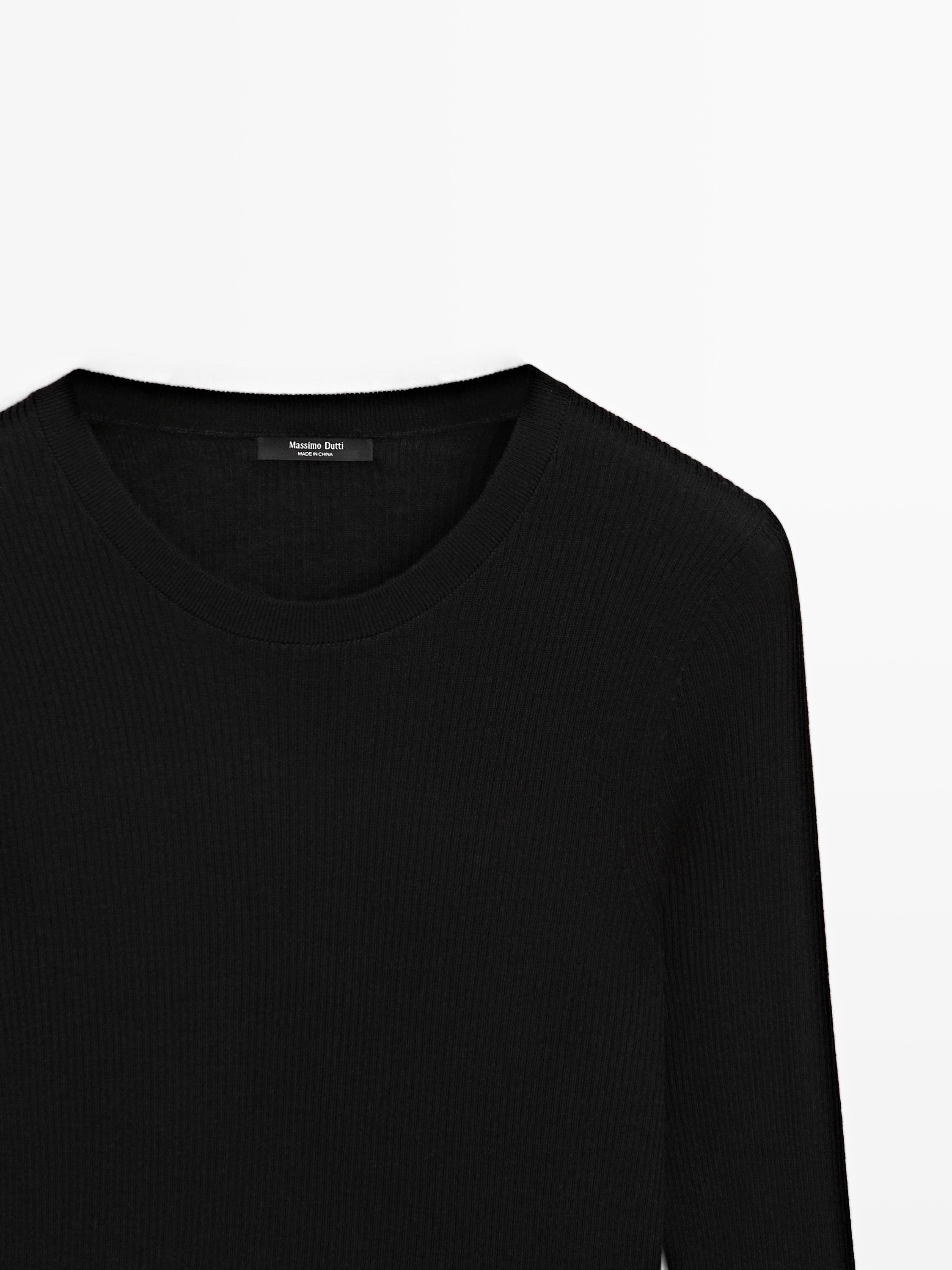 Ribbed knit round neck sweater — BLACK