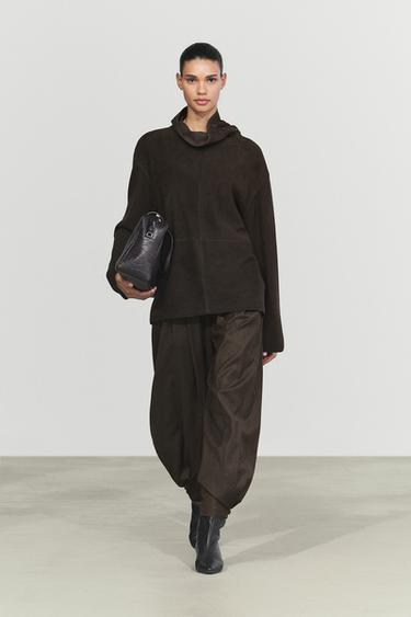 Combined high neck suede oversize blouse — BROWN 1