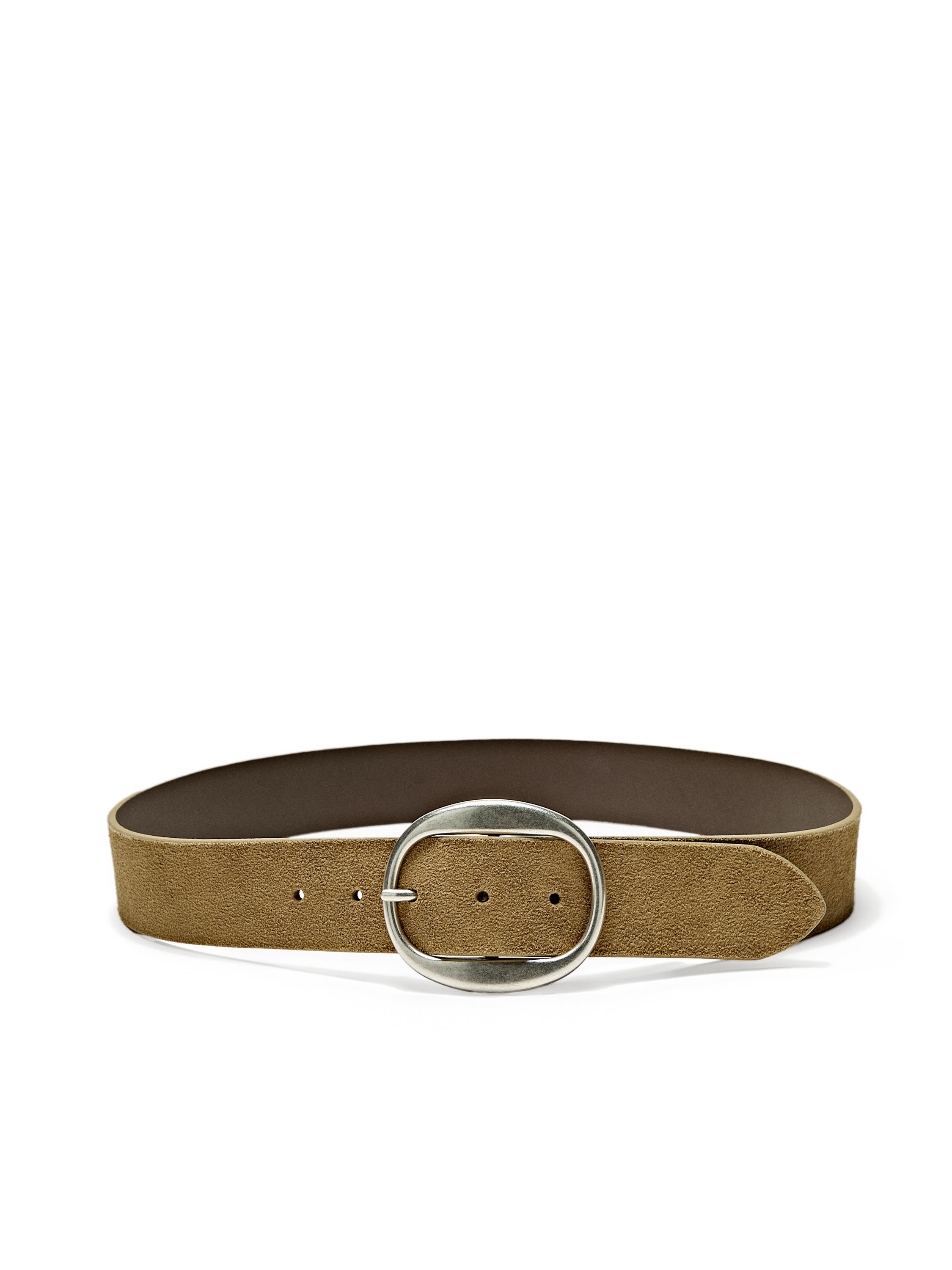 Split suede leather belt with oval buckle — SAND