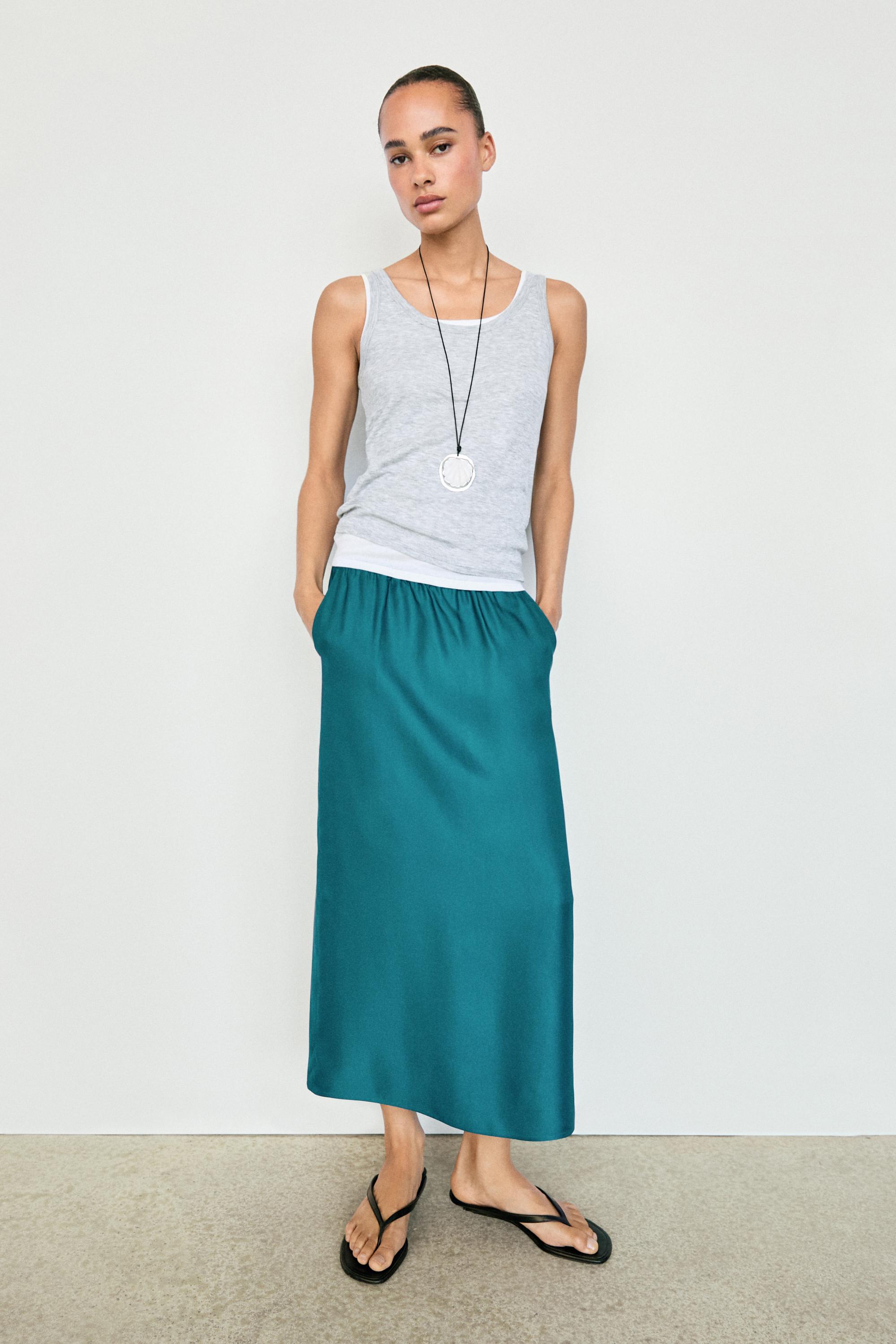 Satin midi skirt with pockets — BLUE