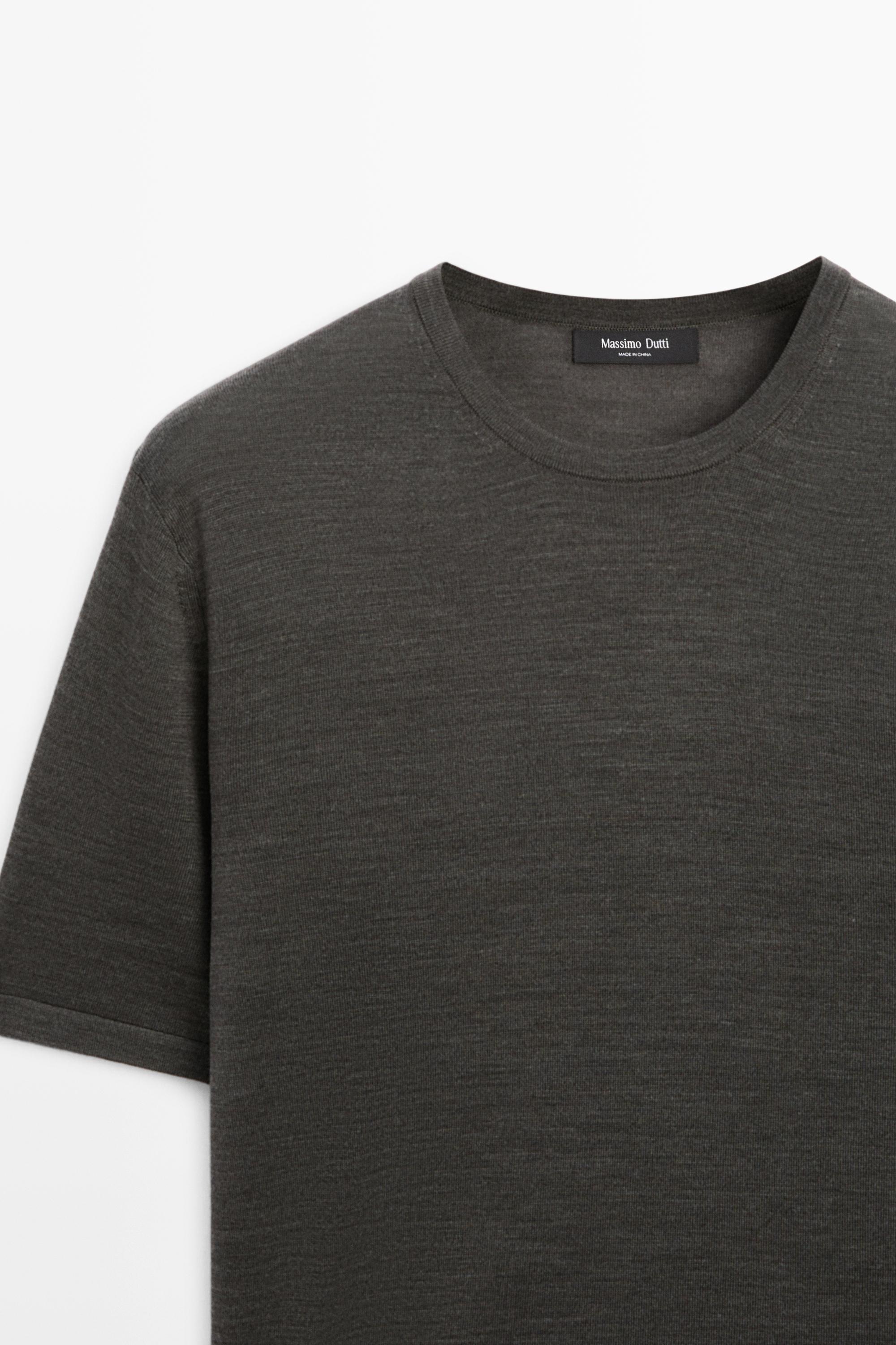 Wool-blend short-sleeve knit sweater — Greyish green