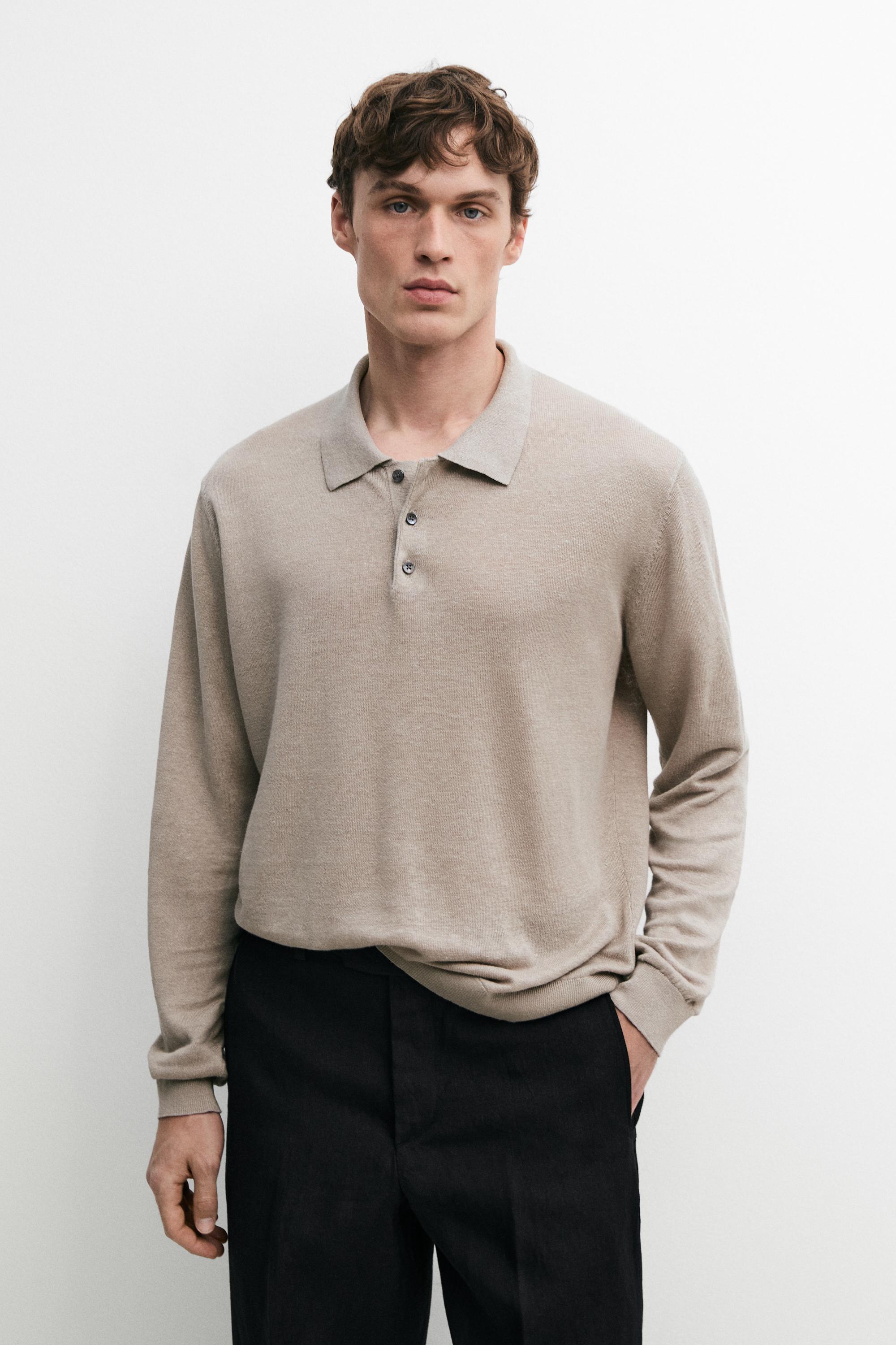 100% linen knit polo collar sweater — STONE