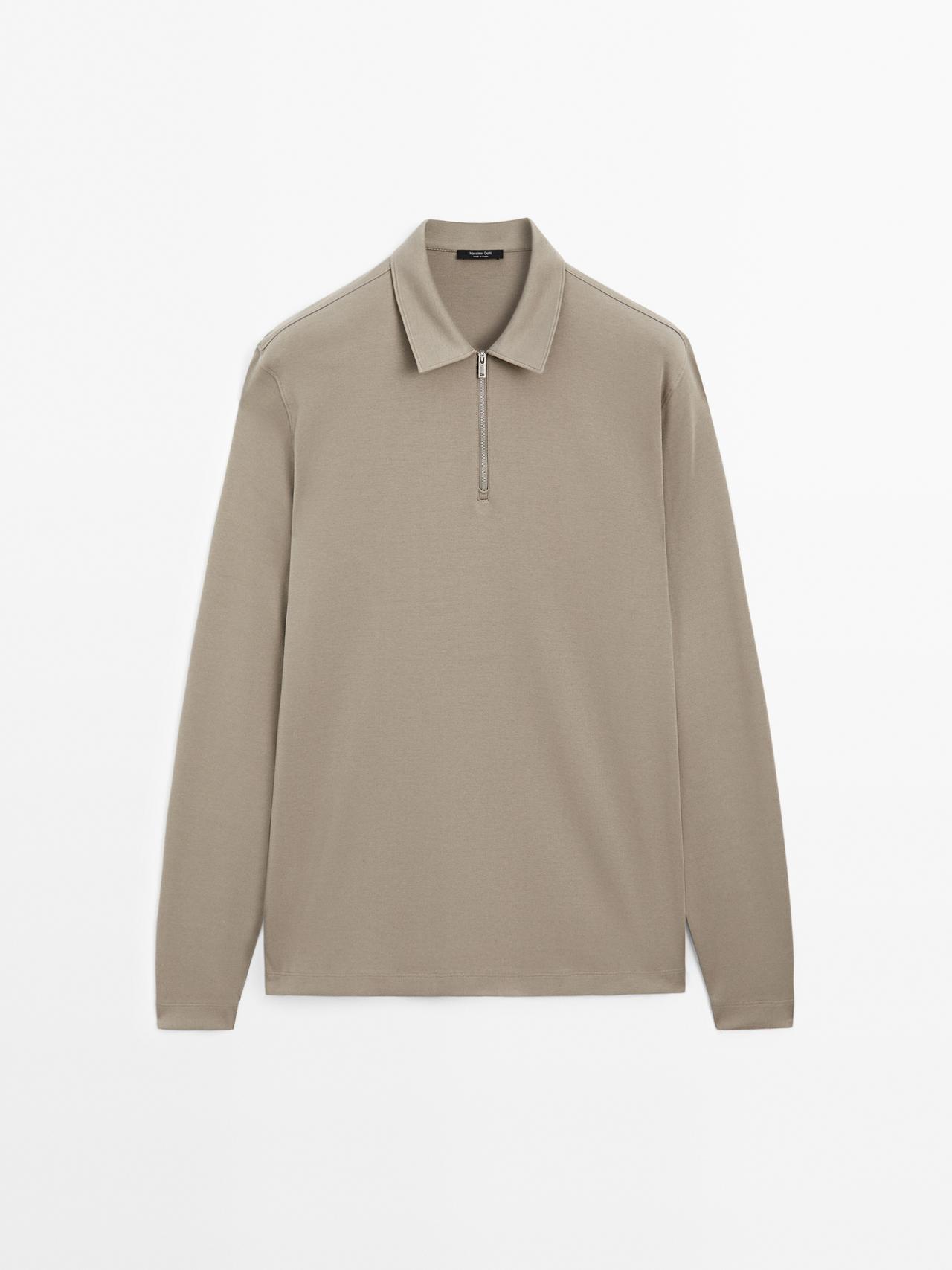 Massimo Dutti - Herre - Langærmet Poloshirt Med Lynlås - Mink - L