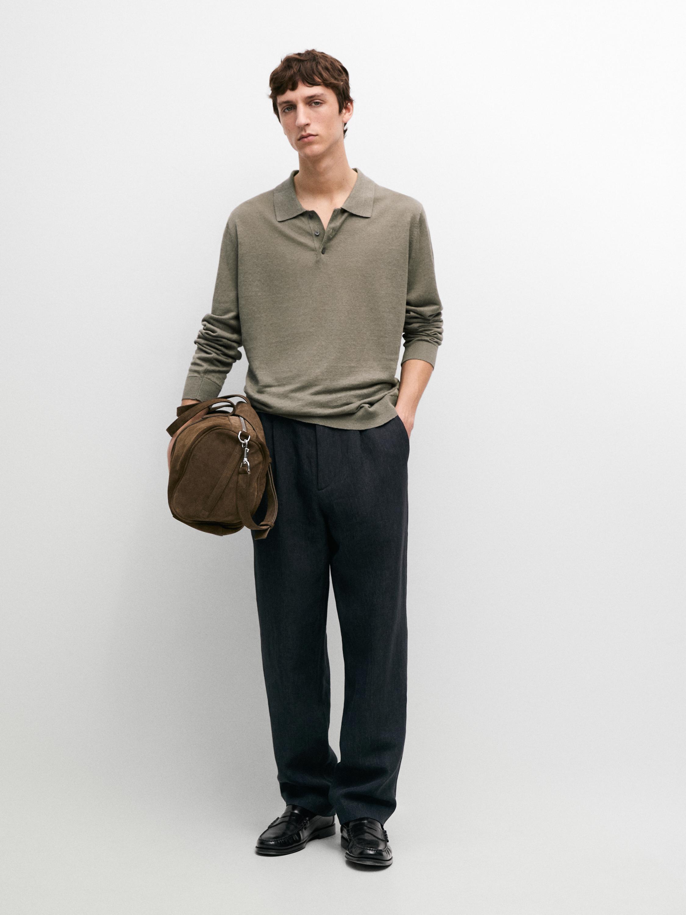 100% linen knit polo collar sweater — PALE KHAKI