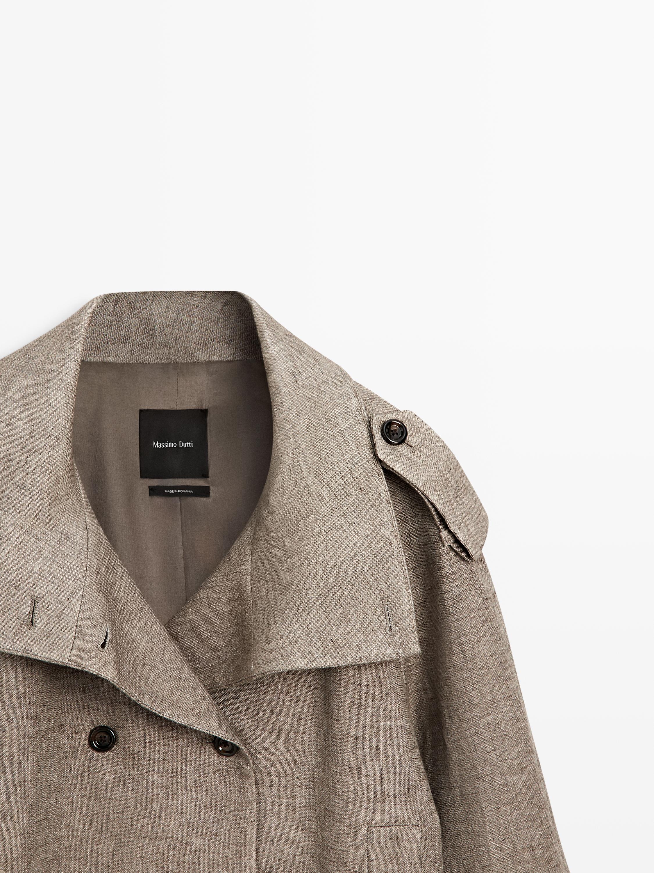 Linen melange high neck trench coat — TAUPE GREY