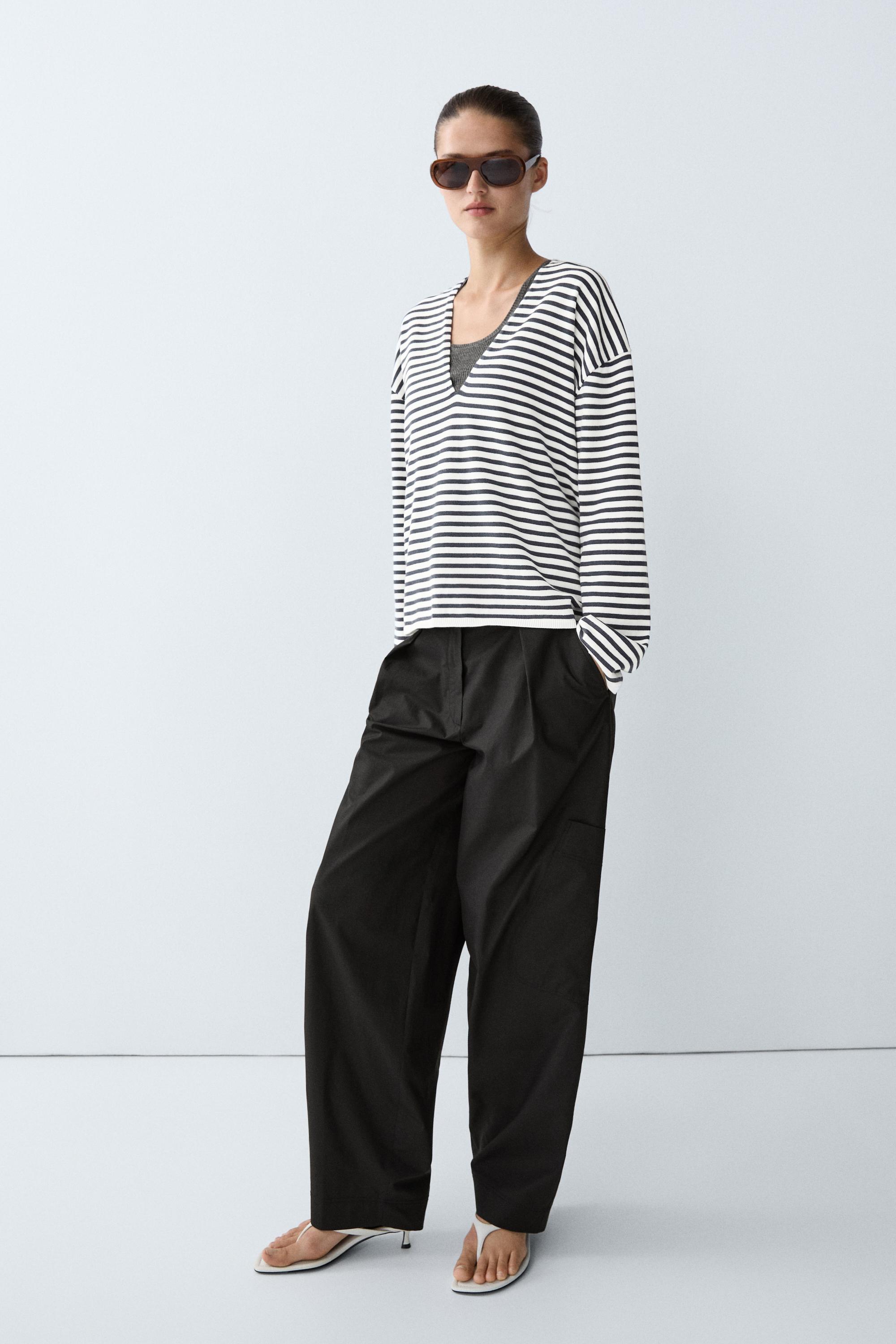 Striped V-neck knit sweater — CREAM