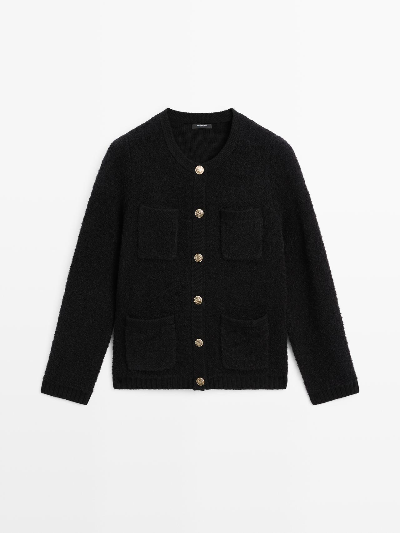 Massimo Dutti - Dame - Strikket Cardigan I Uldblanding Med Gyldne Knapper - Sort - Xs