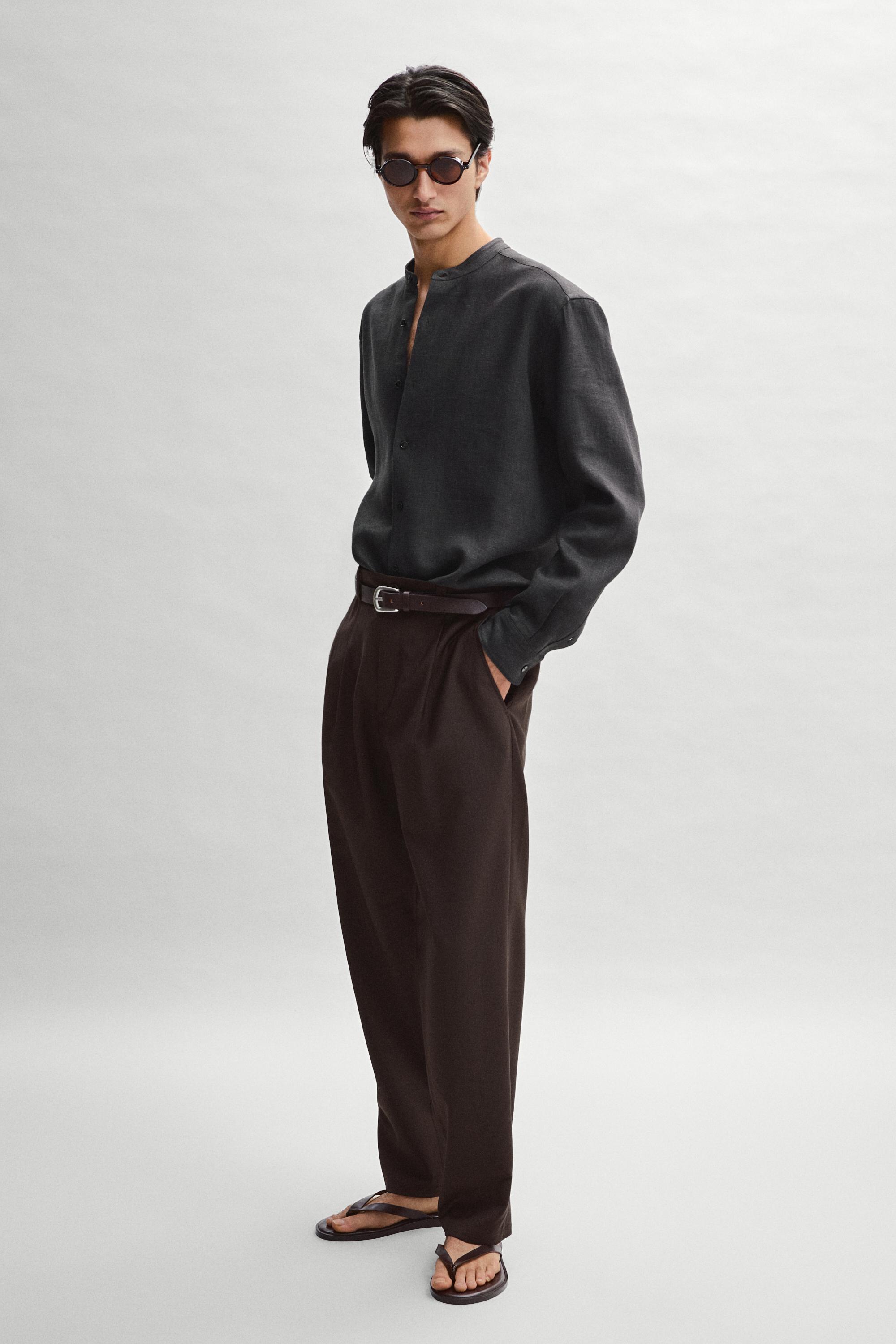 100% linen stand collar shirt — BLACK