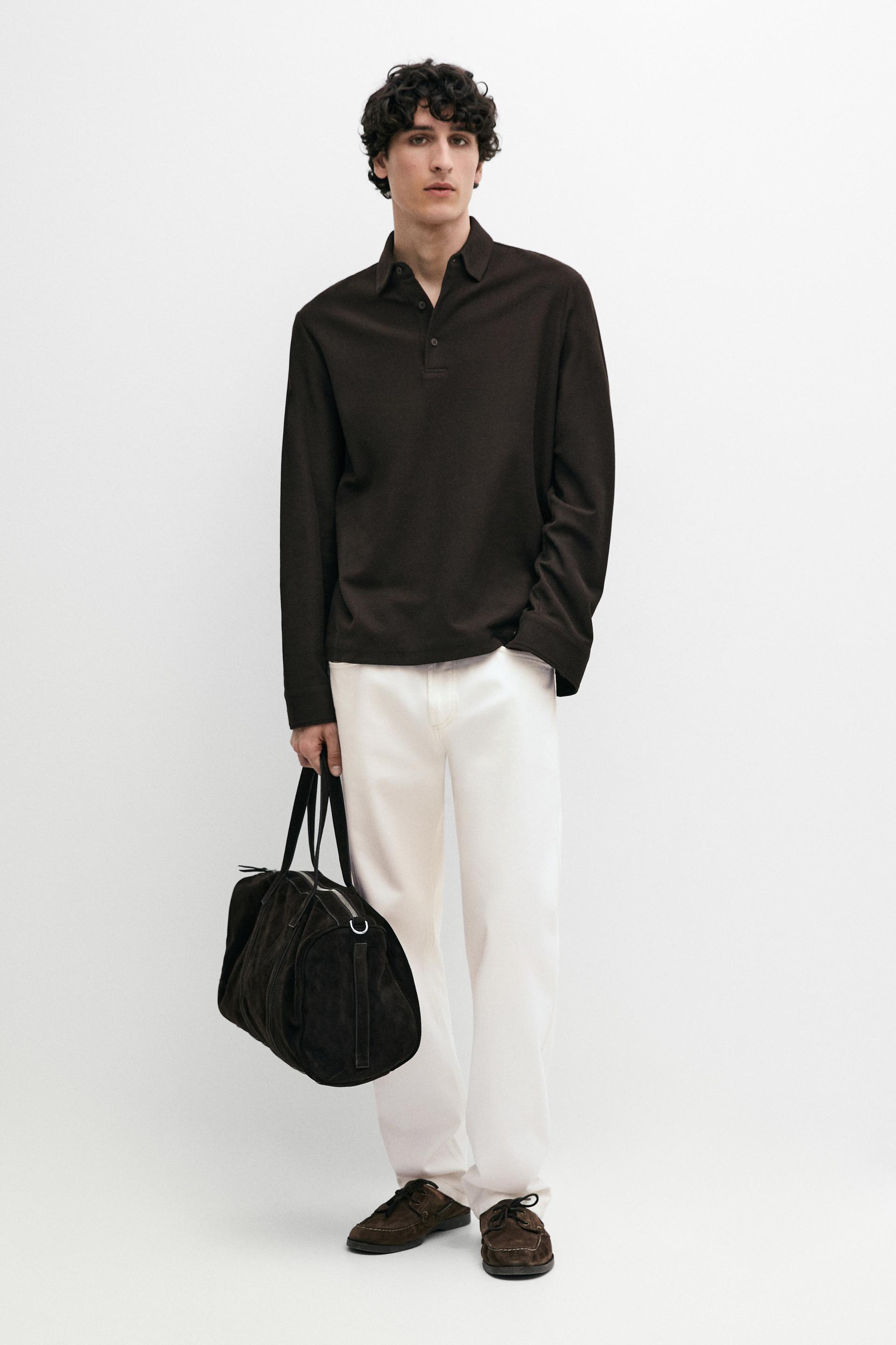 Polo Strutturata In Piqué A Maniche Lunghe - Cioccolato - M - Massimo Dutti - Maschile