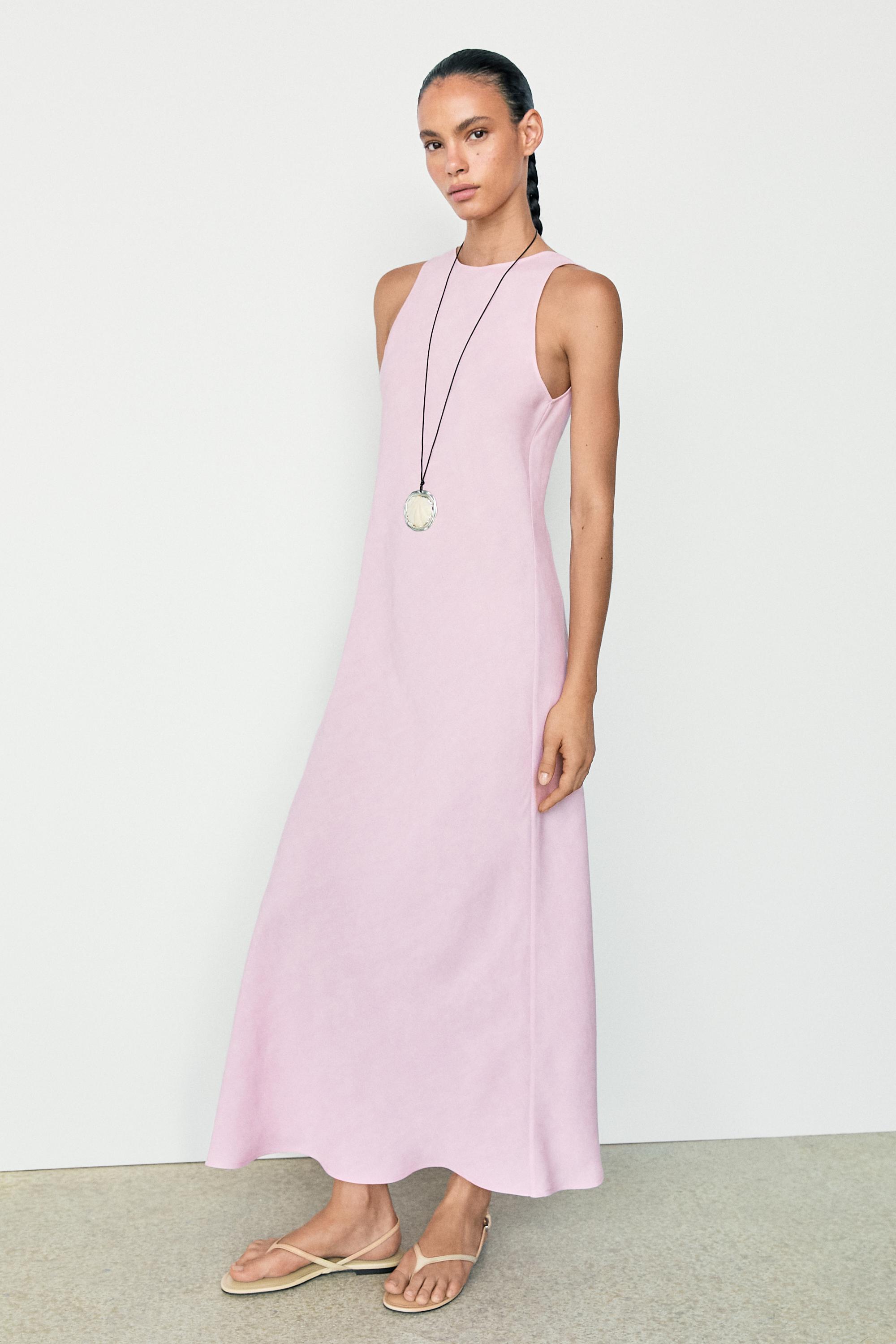 Flowing linen-blend midi dress — PASTEL PINK