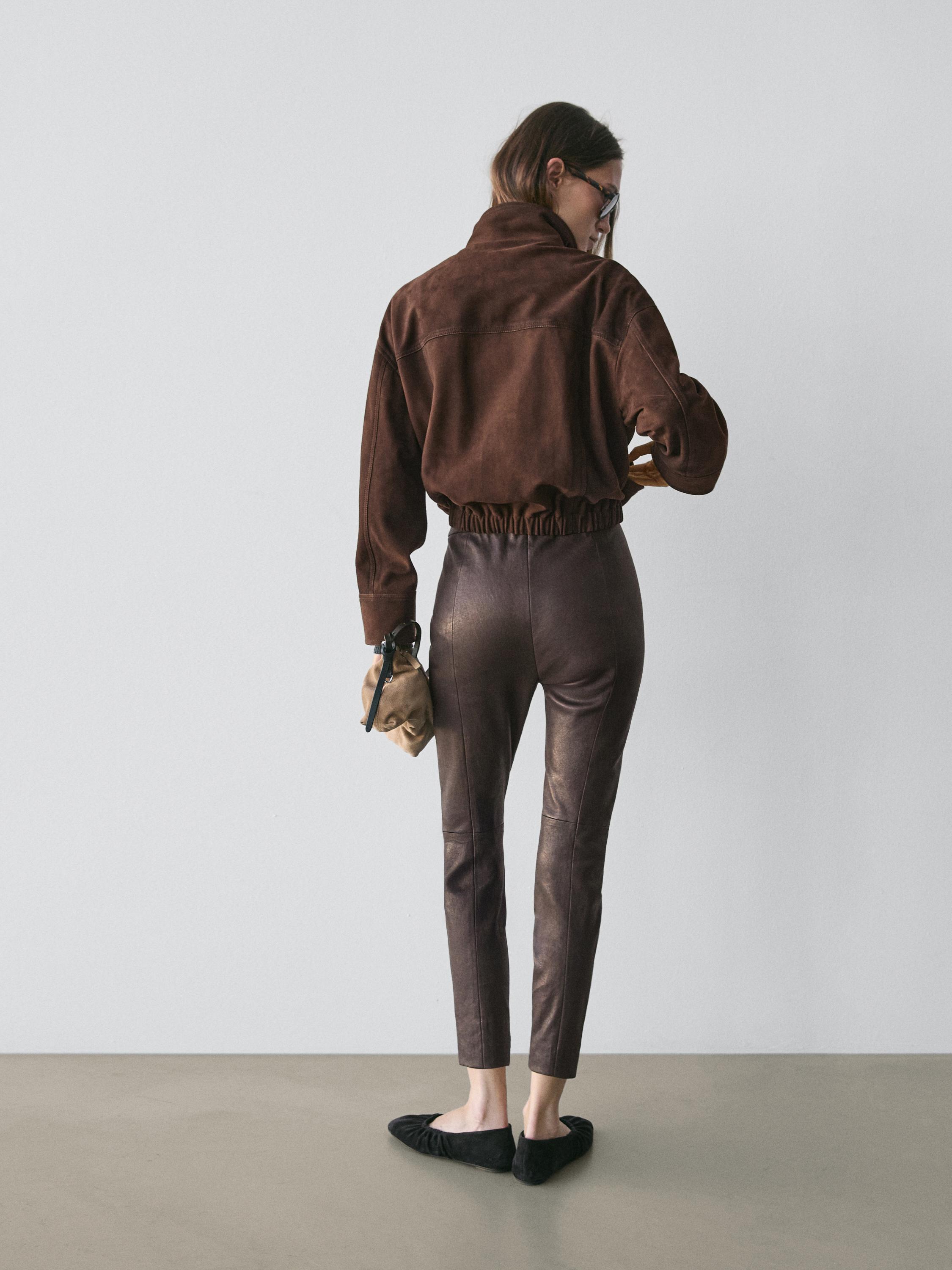 Nappa leather leggings with elasticated detail — BROWN
