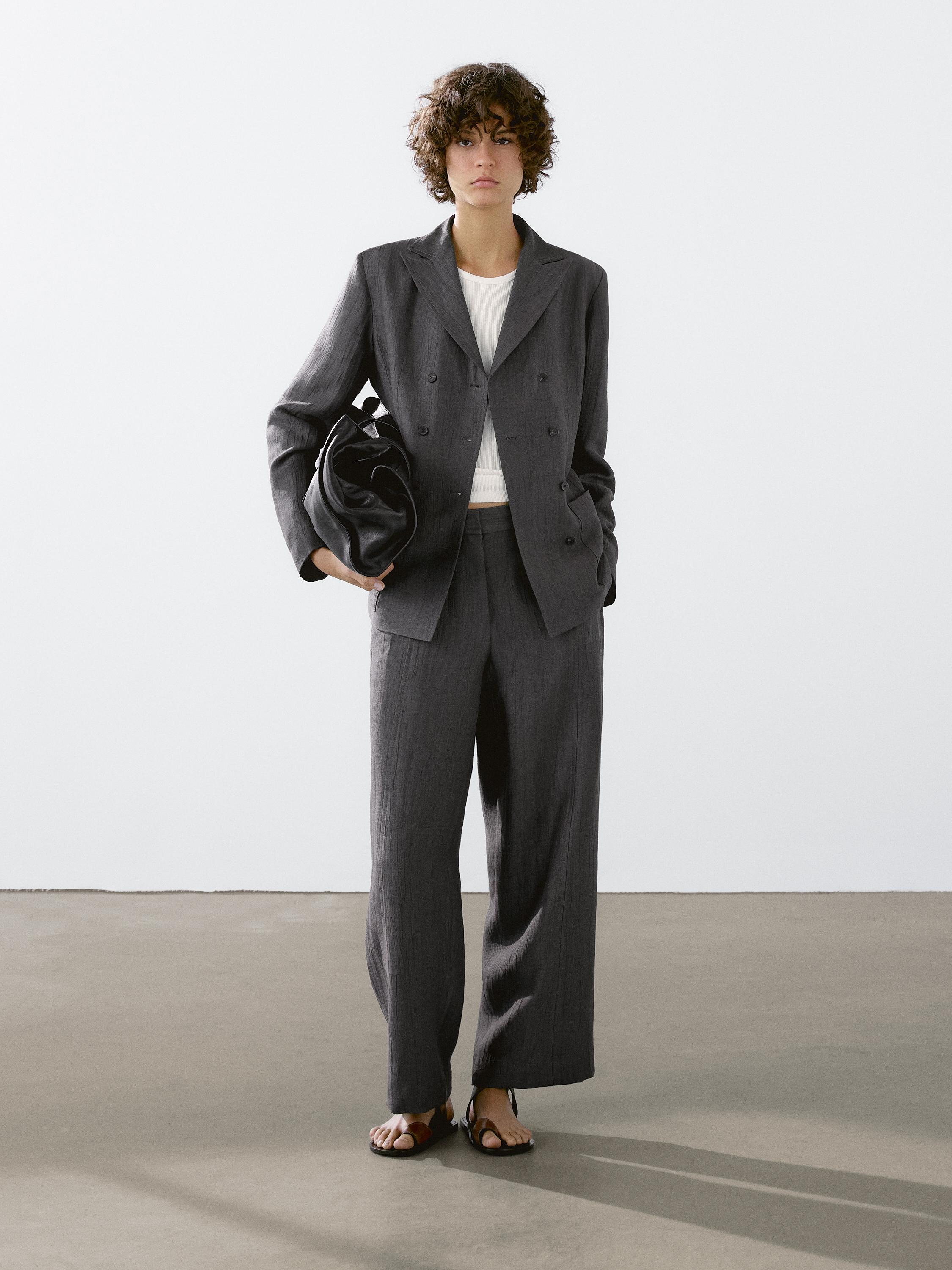 بليزر بدلة فضفاض من الكتان المخلوط