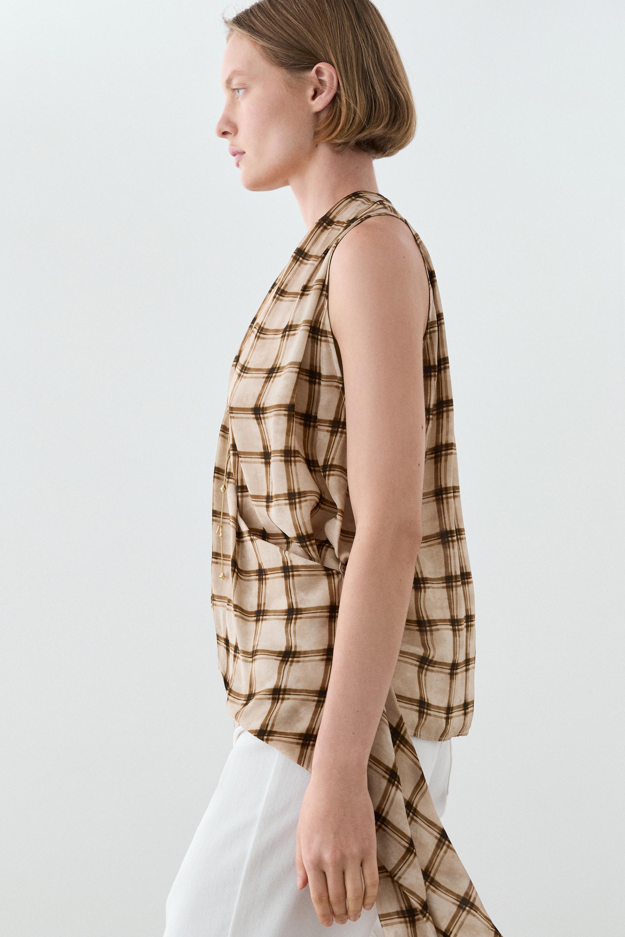 Flowing check print surplice top — BROWN