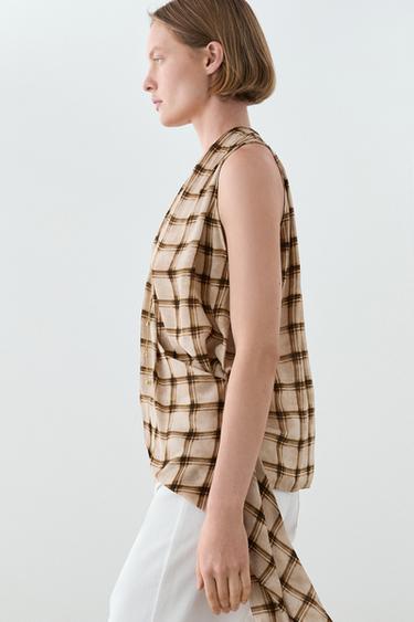 Flowing check print surplice top — BROWN 8