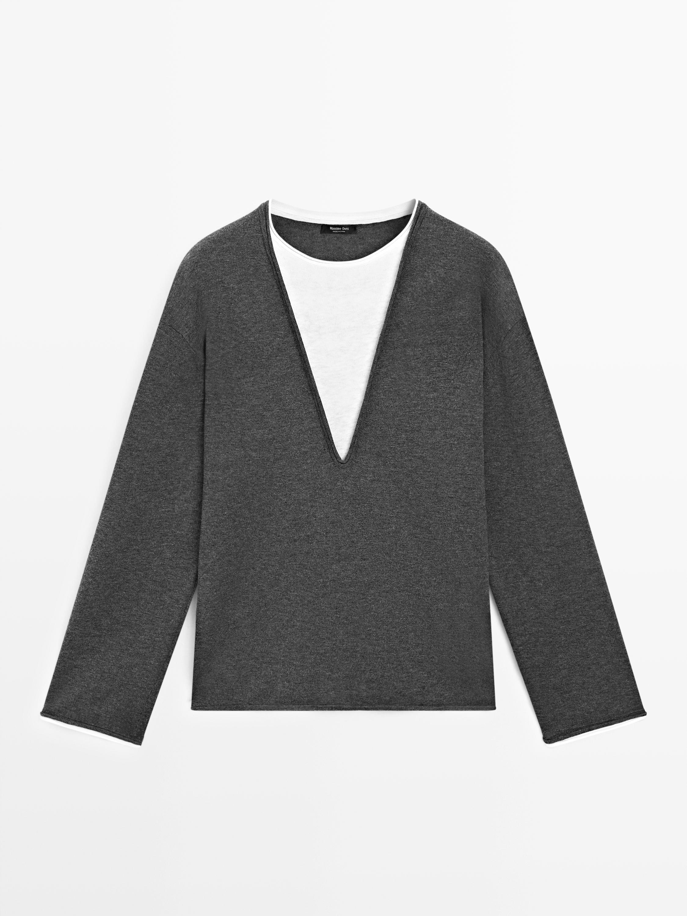 Cotton blend knit sweater with contrast fabric