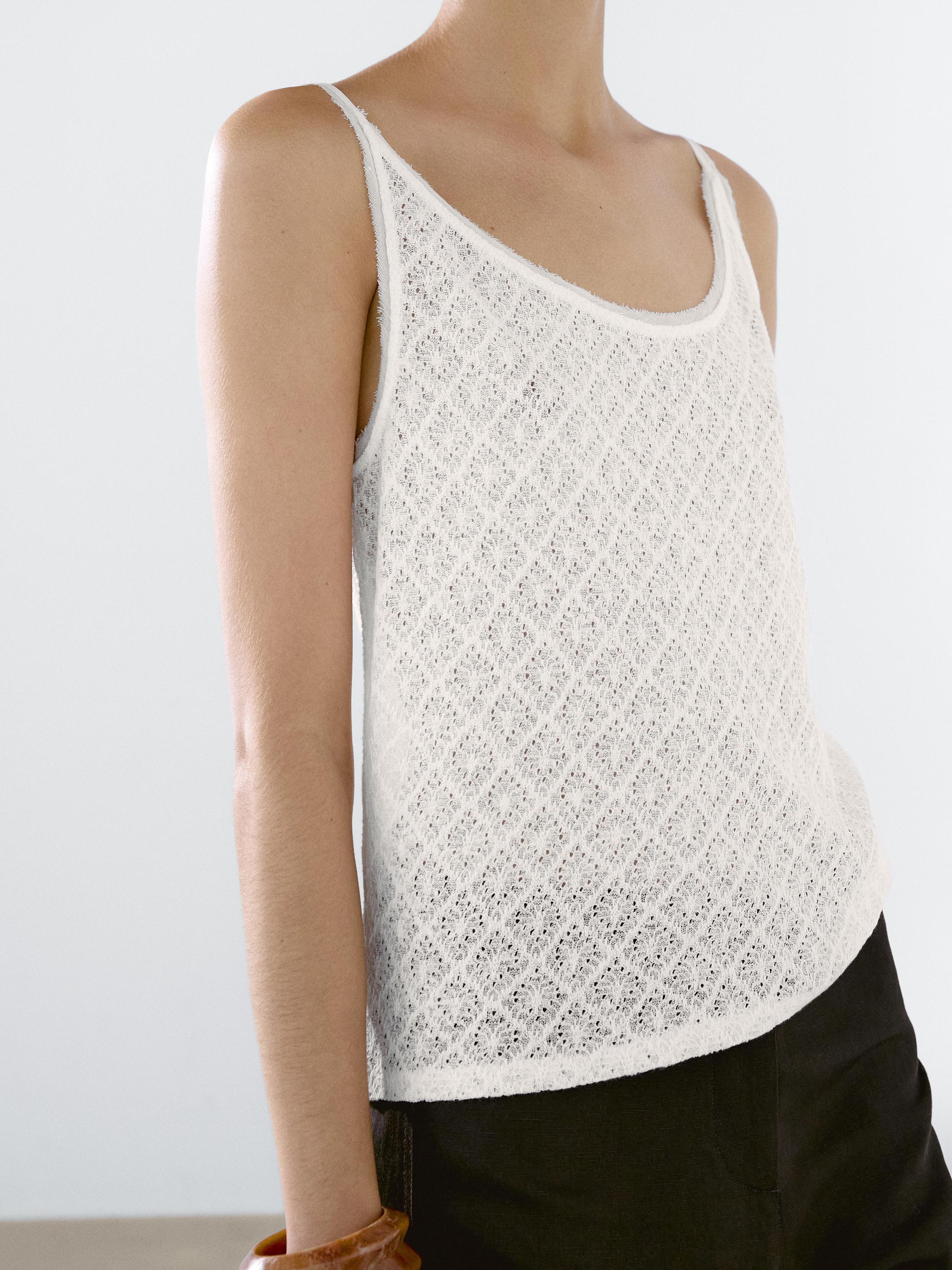 Openwork strappy linen blend top