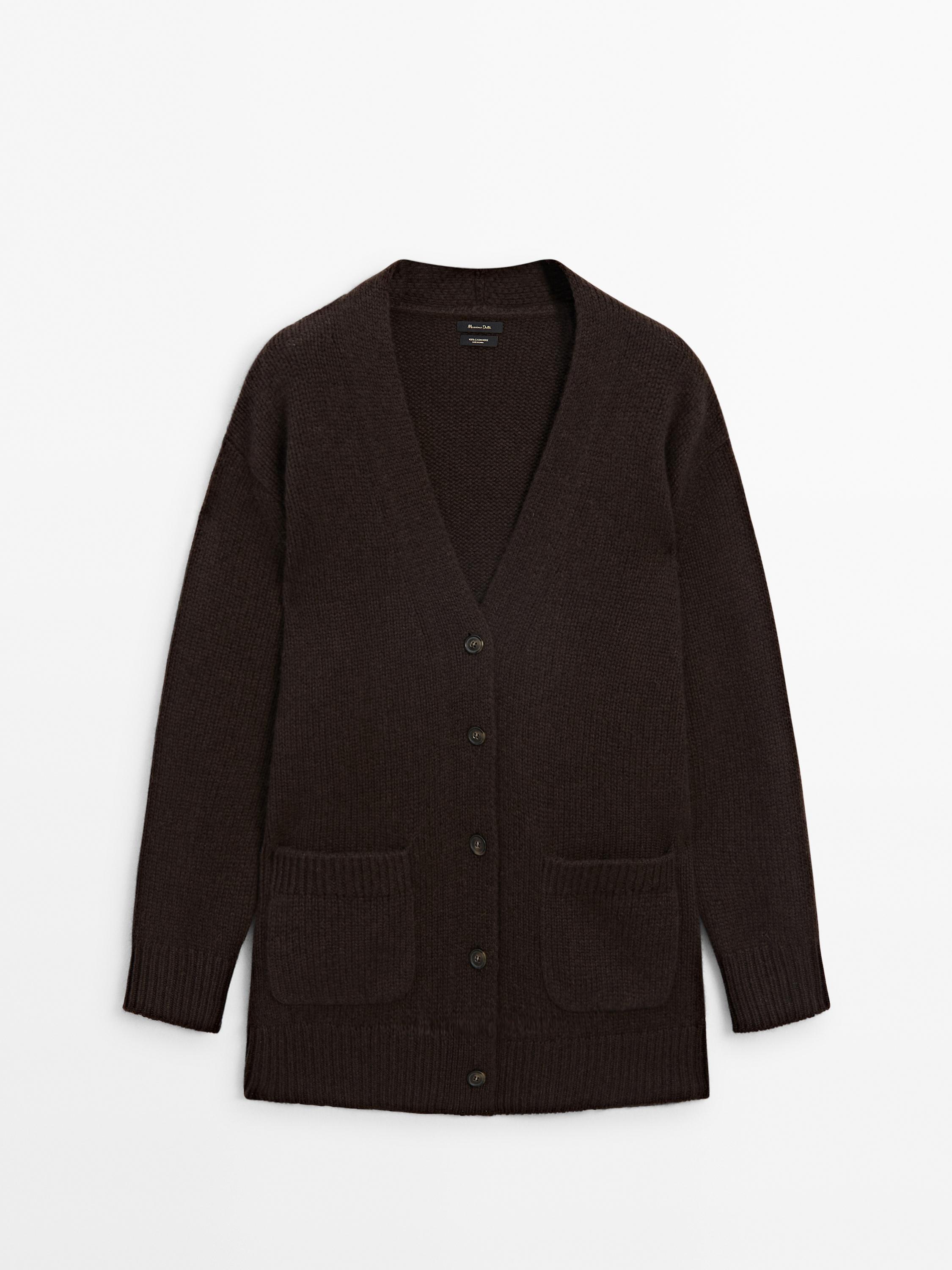 Long plain knit 100% cashmere cardigan
