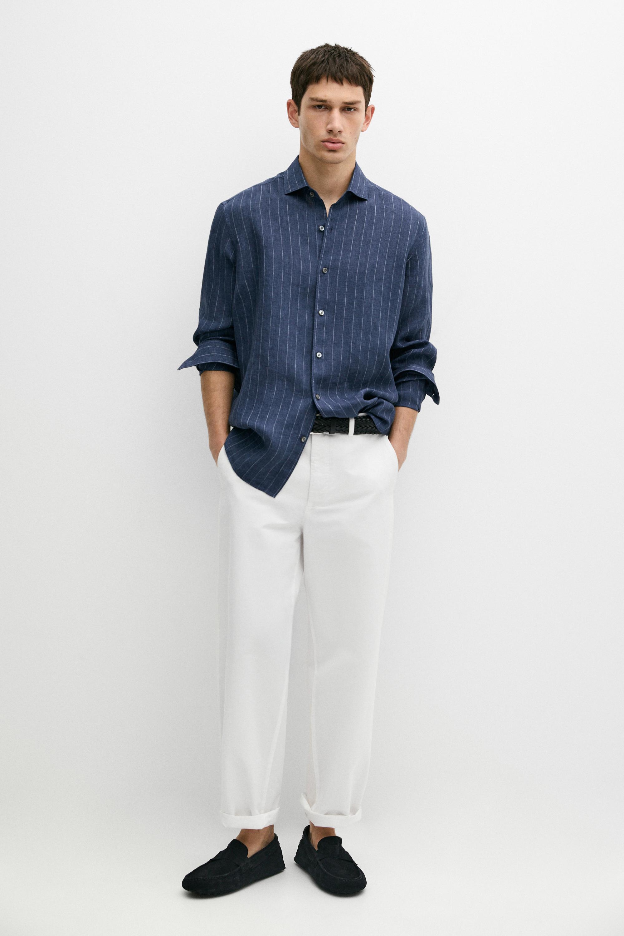Camicia regular fit a righe délavé 100% lino