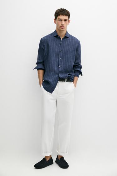 Regular fit striped delave 100% linen shirt — NAVY BLUE 1