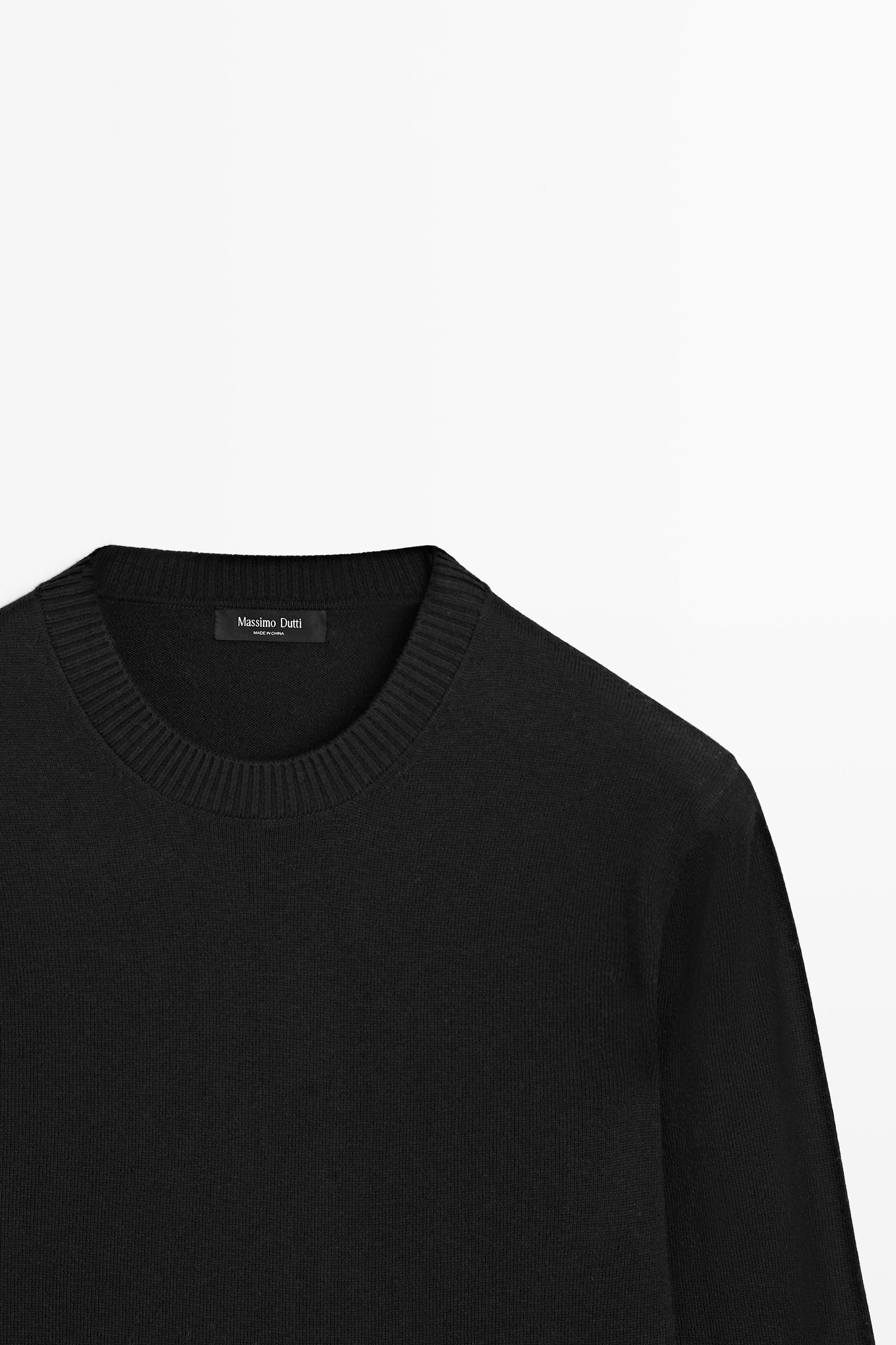 Knit cotton and wool sweater with crew neck — BLACK
