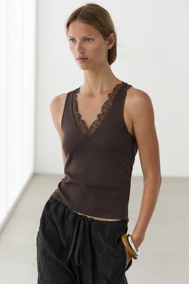V-neck top with lace detail — BROWN 3