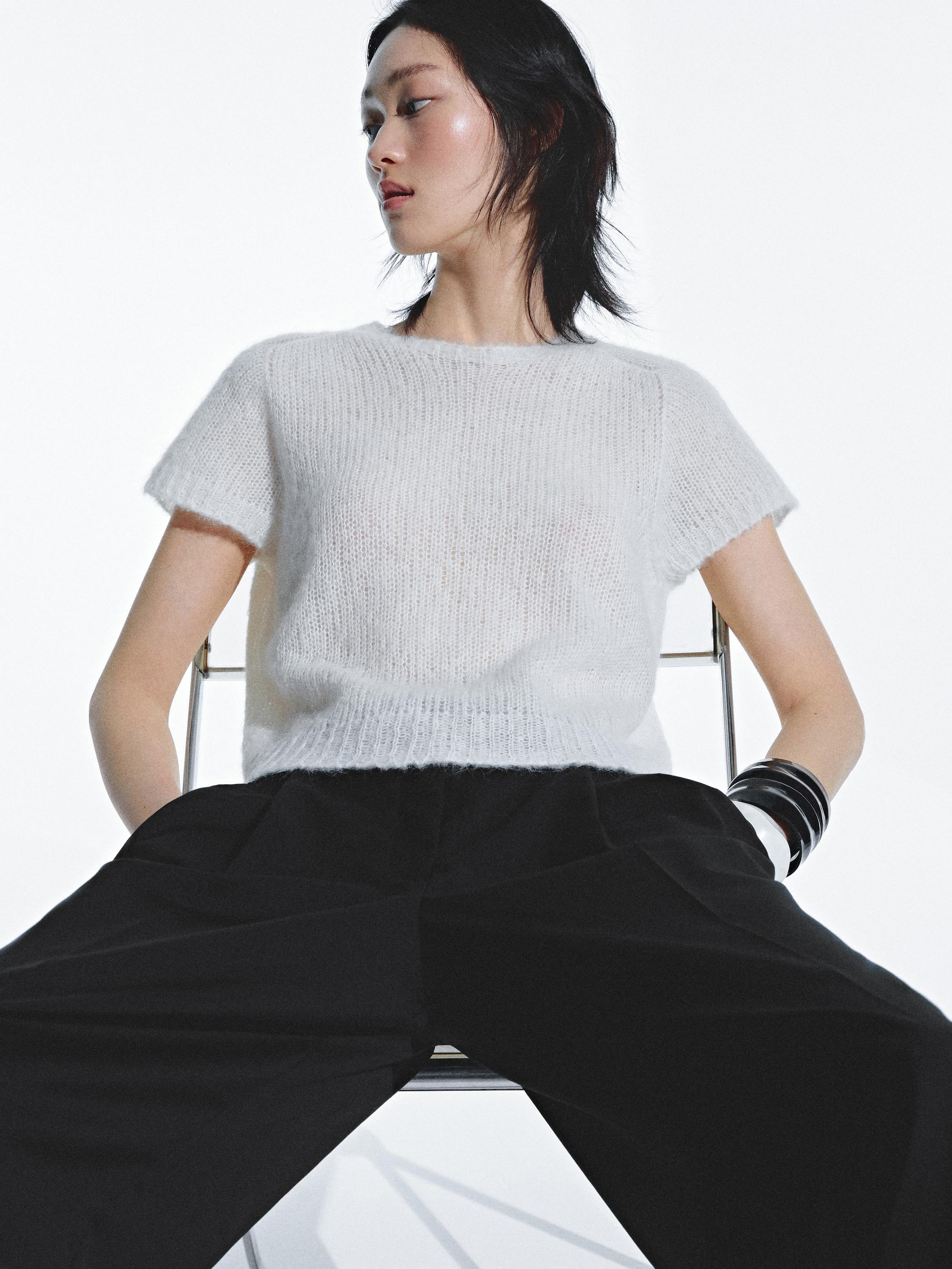 Short sleeve knit alpaca blend sweater