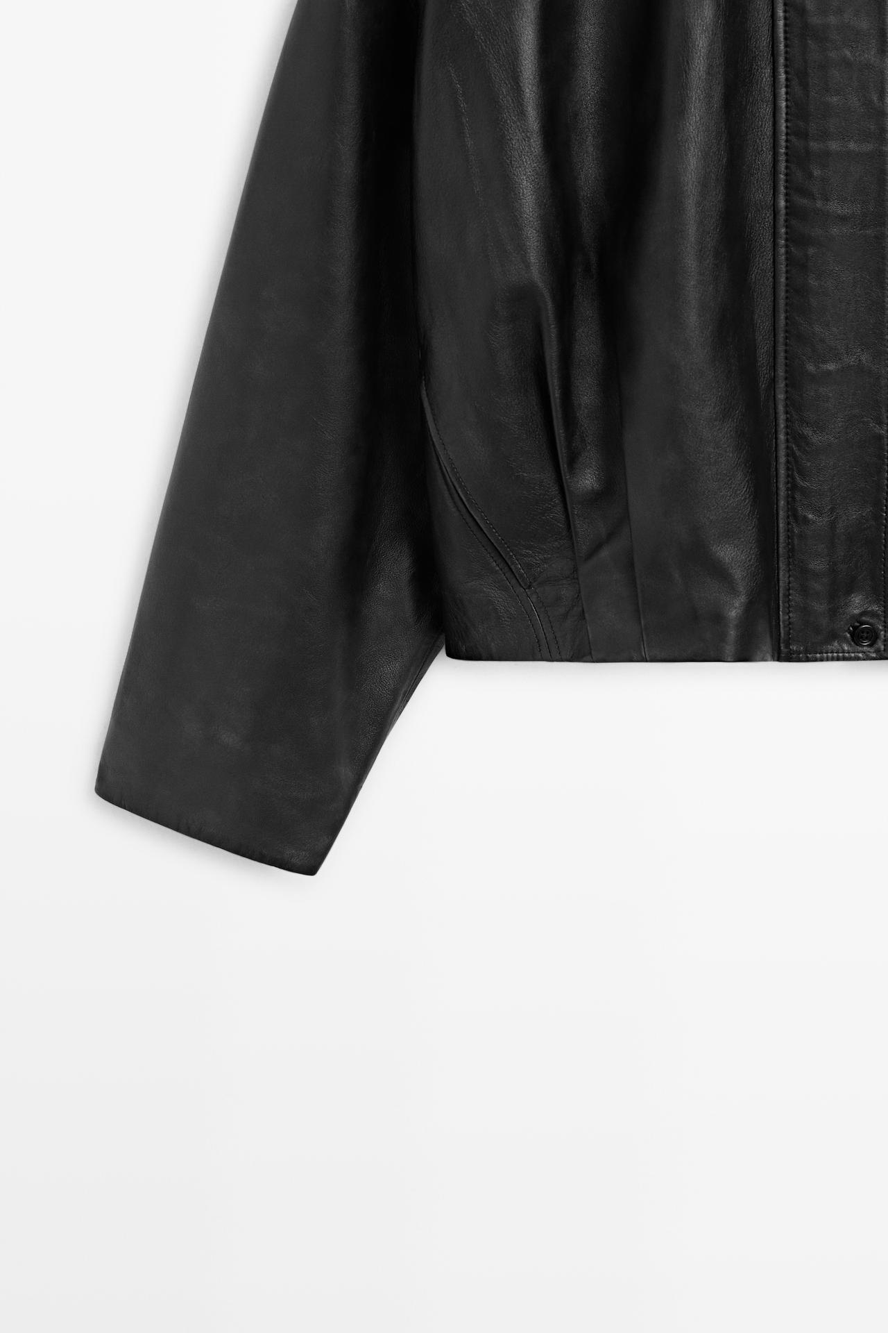 Nappa leather bomber jacket with lapel collar — KHAKI