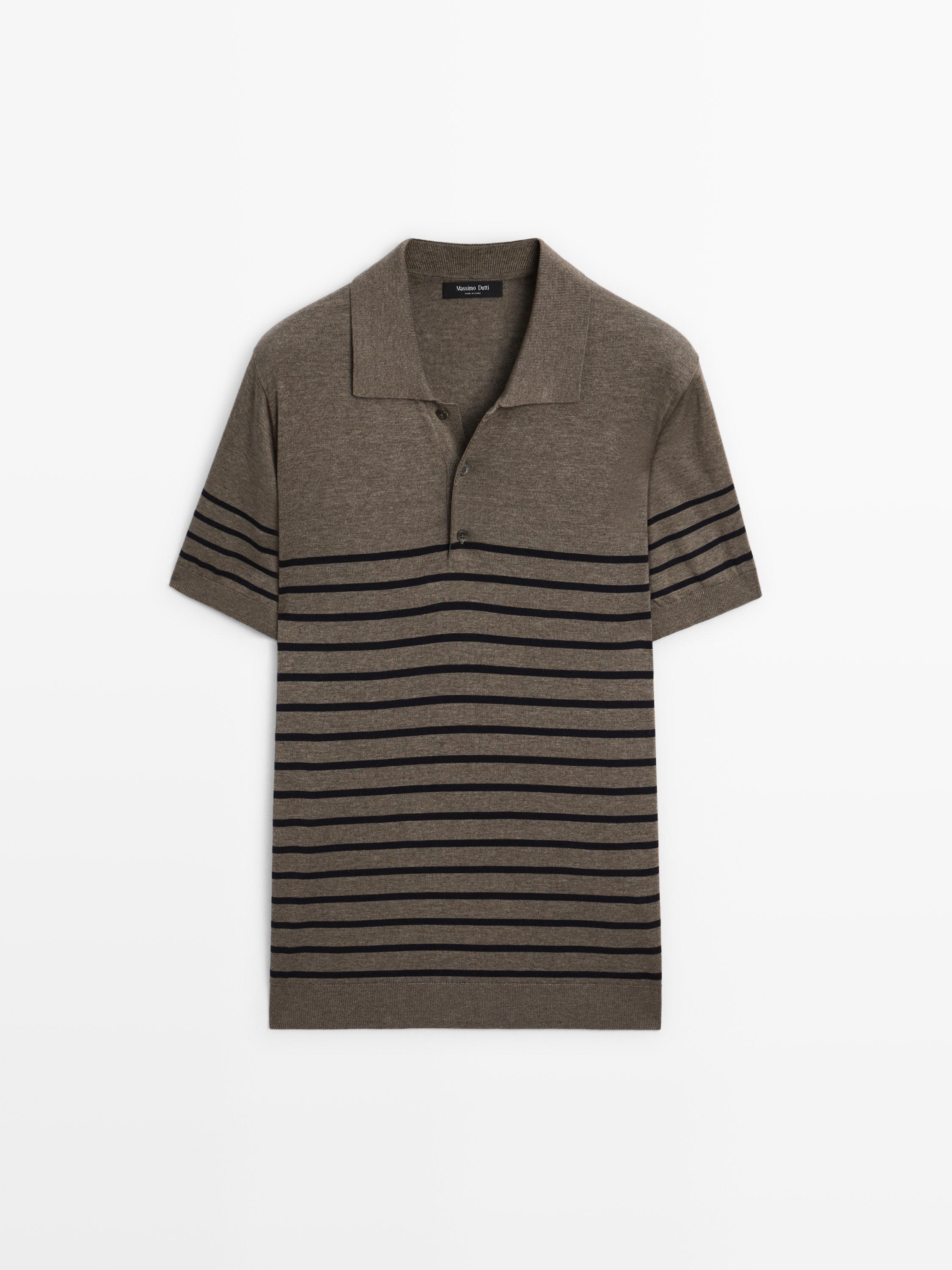 Short sleeve striped knit polo shirt