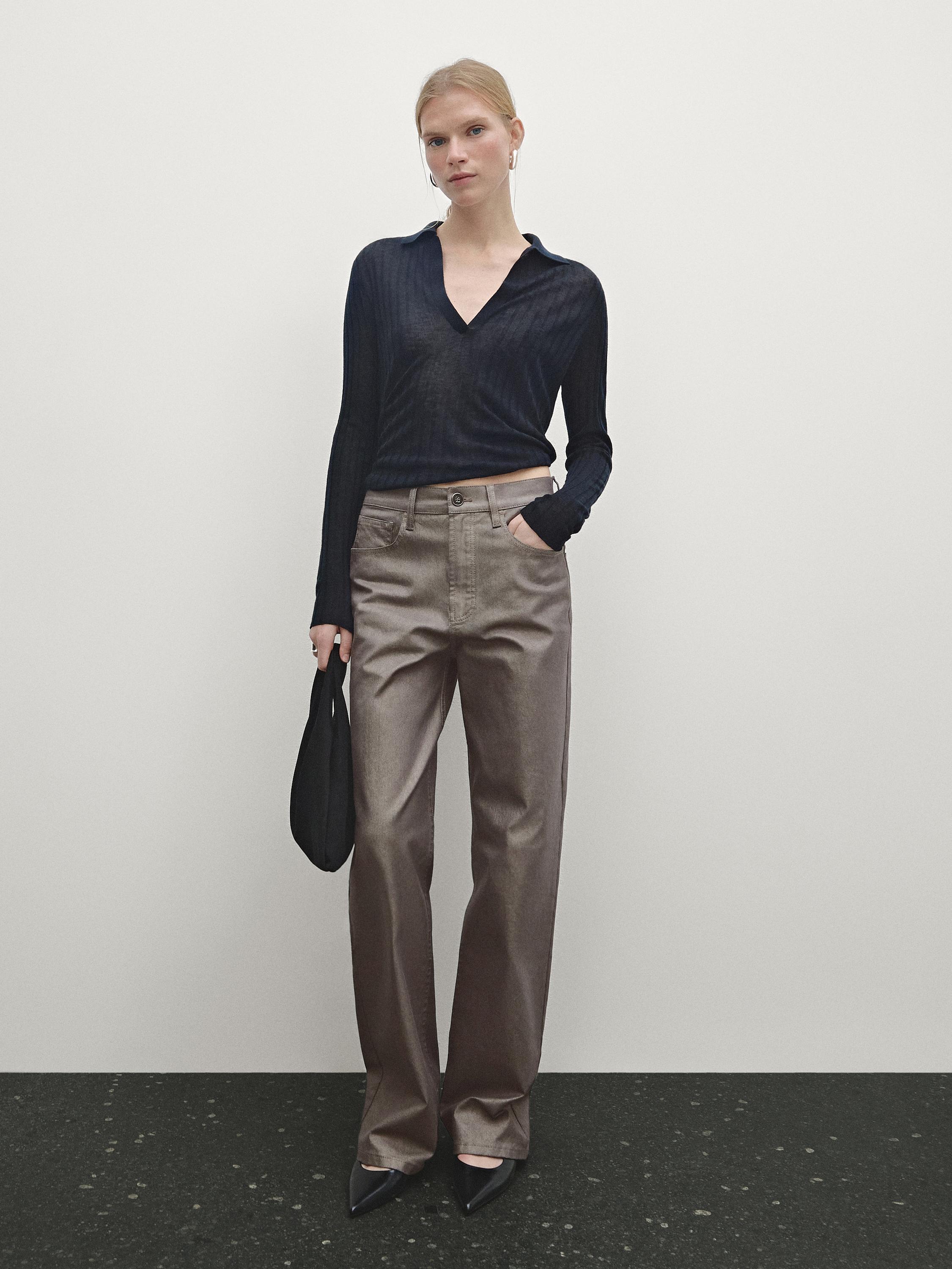 Metallic high-waist straight-leg trousers