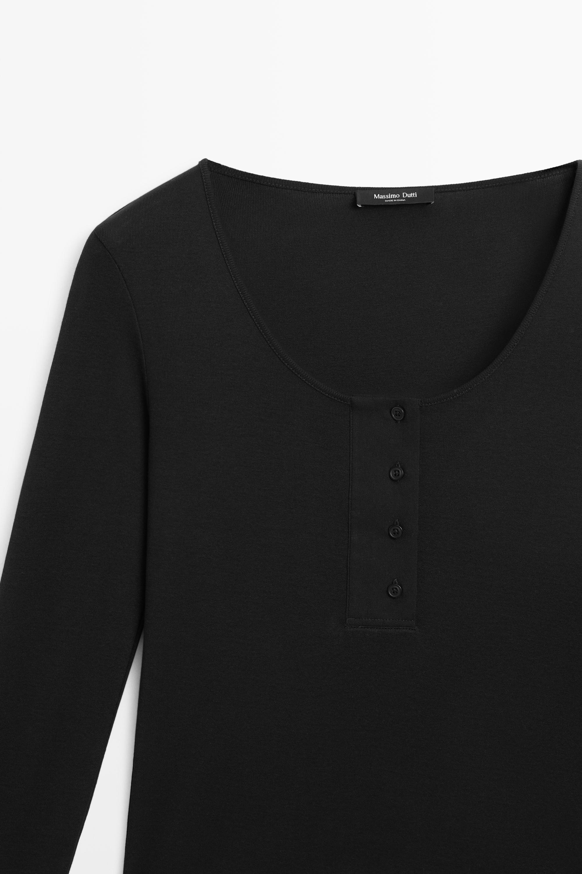 100% cotton button-placket T-shirt — BLACK