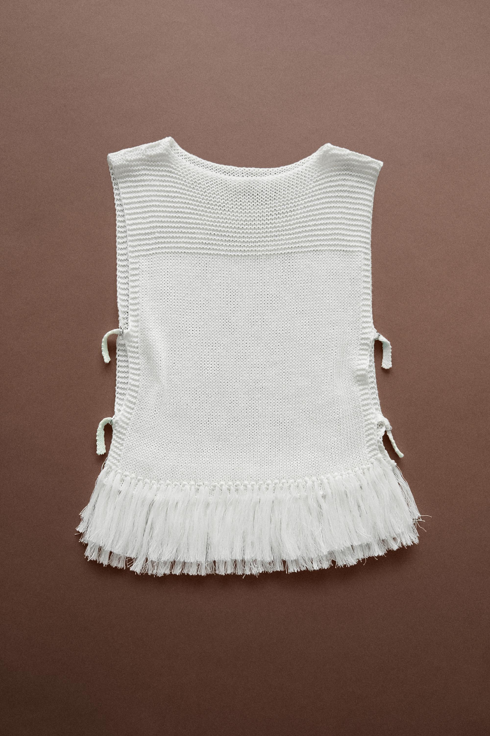 Fringe detail knit top - STUDIO — WHITE