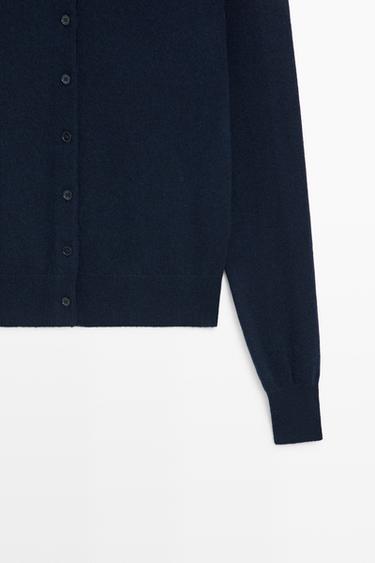 100% cashmere knit polo collar cardigan — NAVY BLUE 7