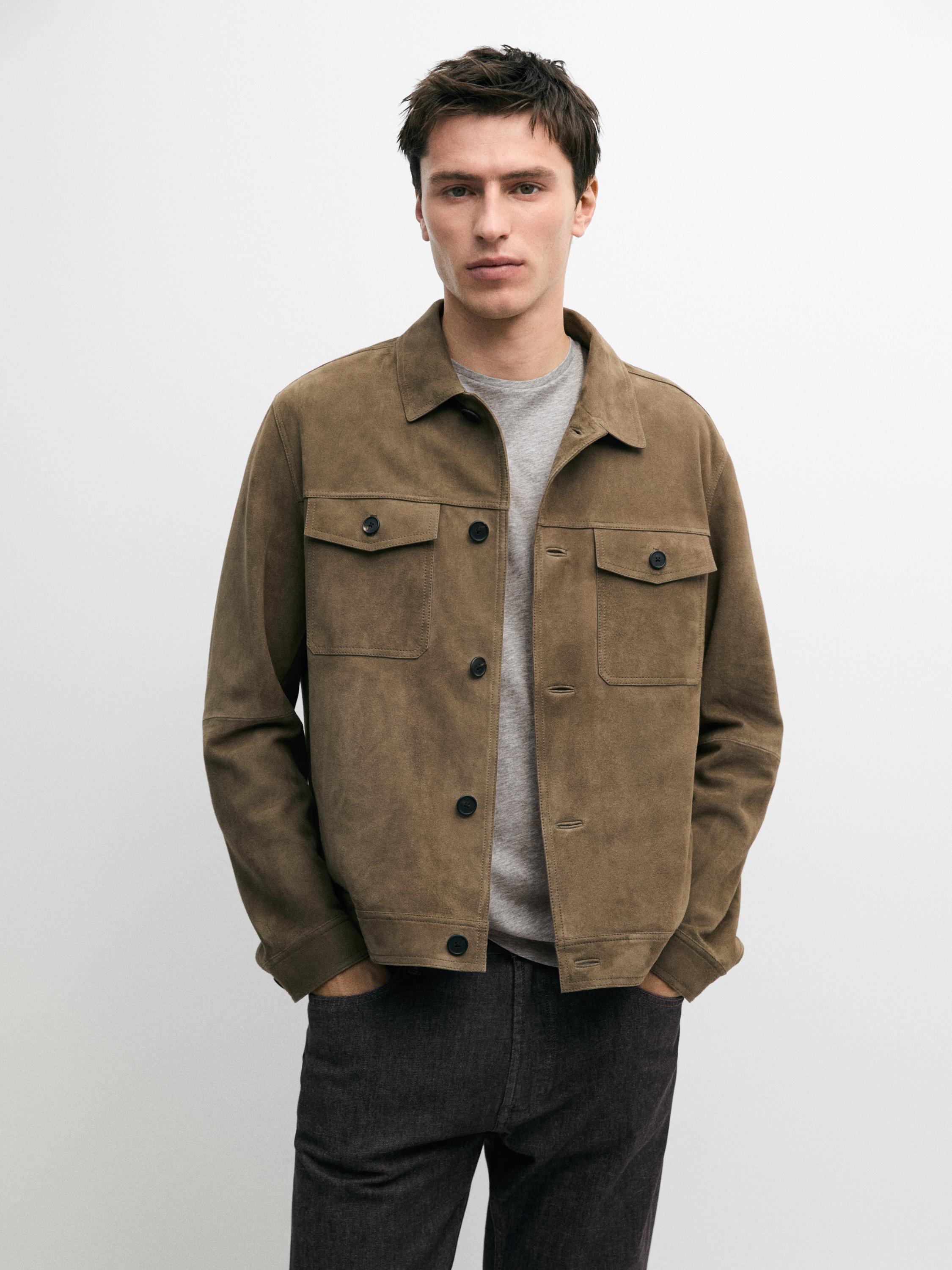 Distressed effect leather jacket with pockets — PALE GREEN
