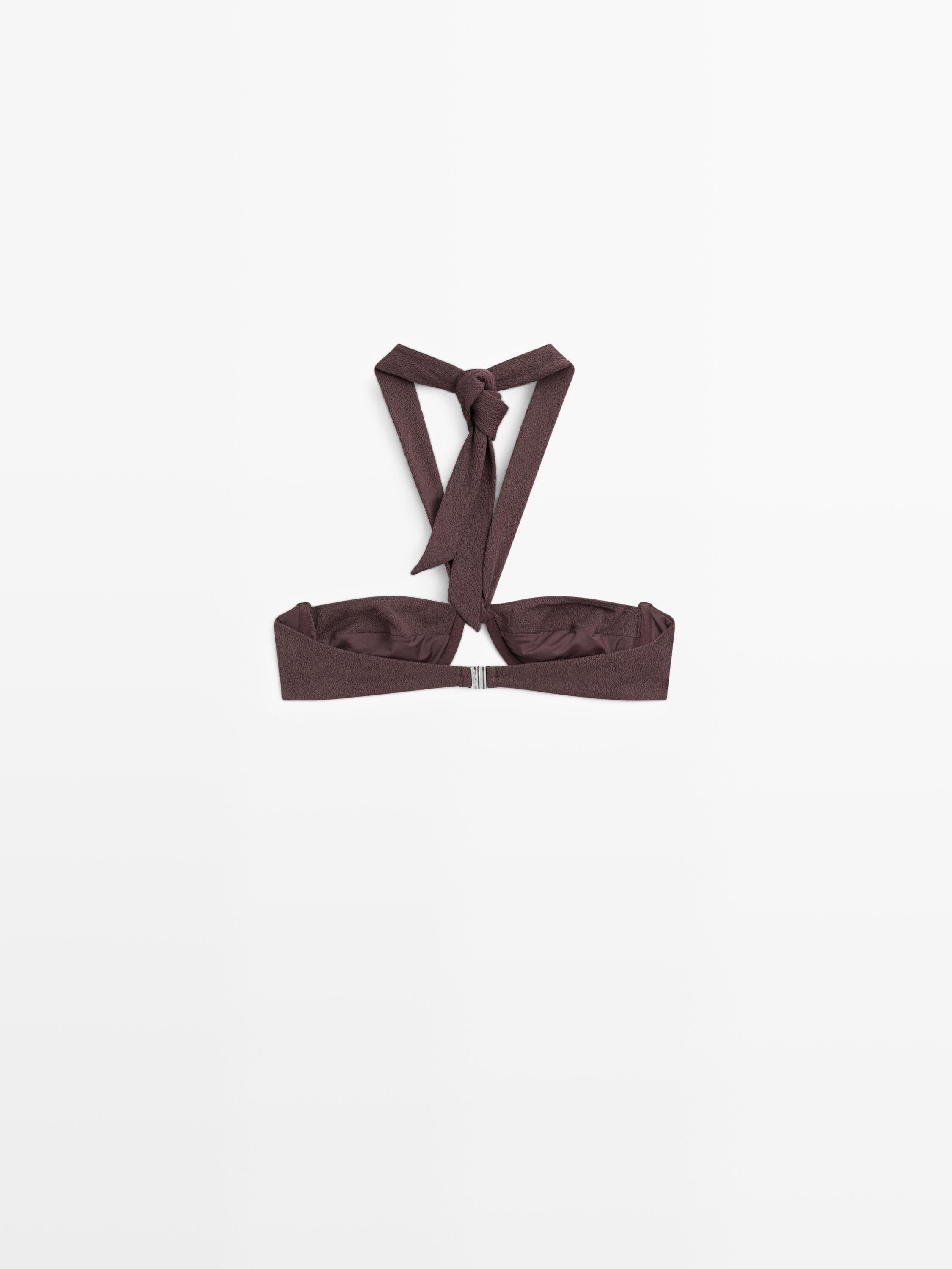 Textured bikini top with underwire and tied neck — BROWN