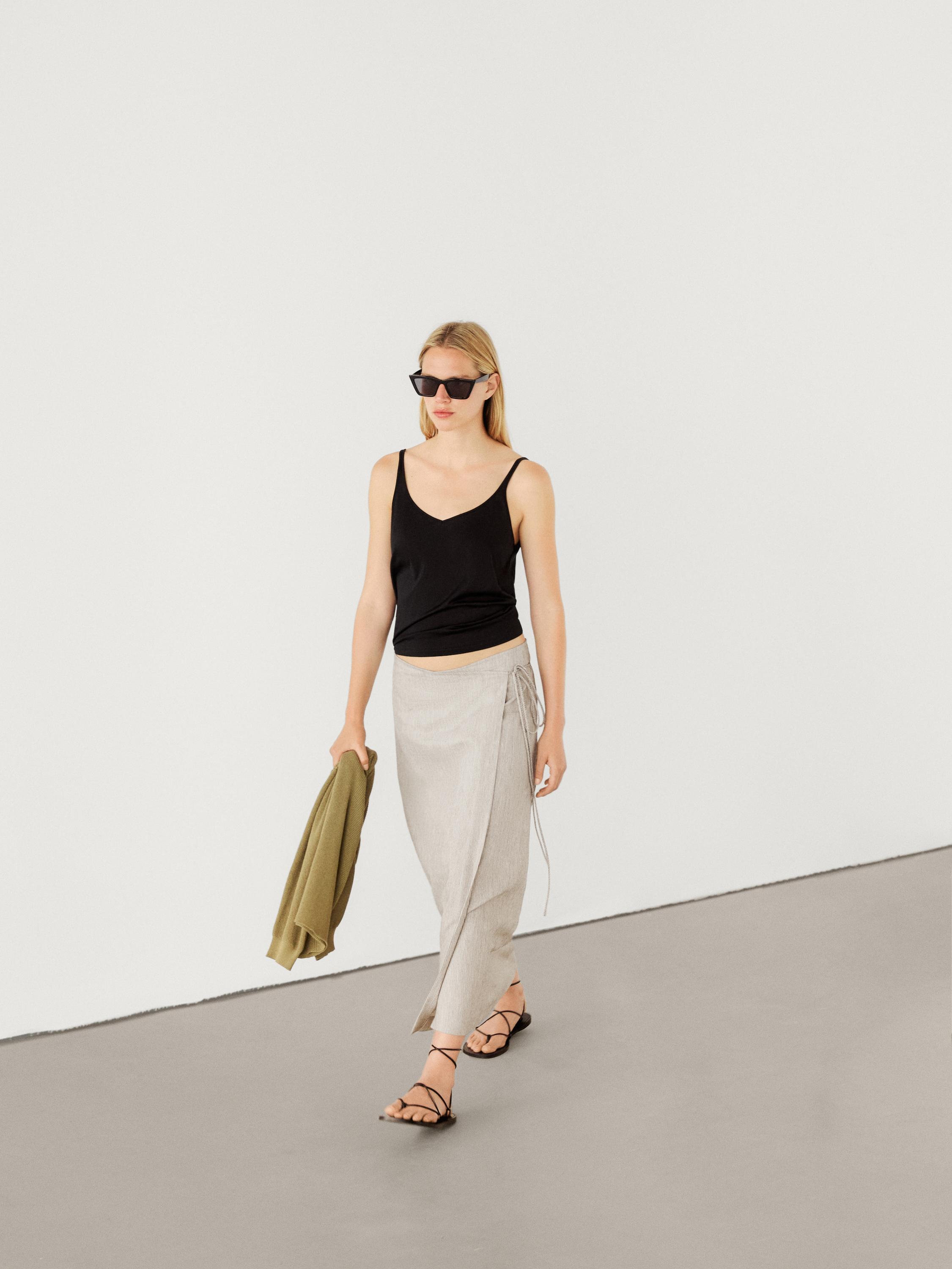 Striped linen blend pareo skirt