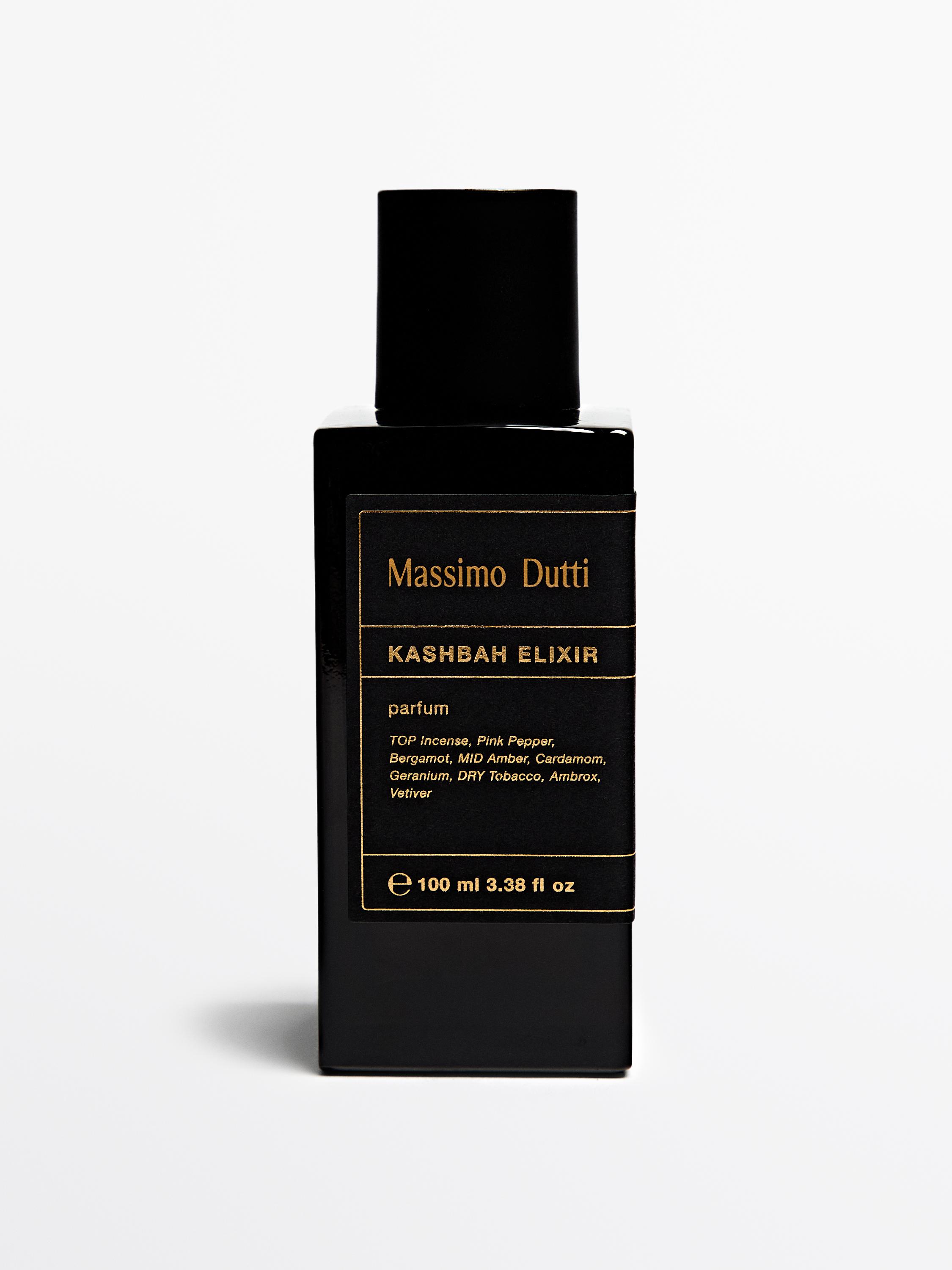 Botella negra de perfume Kashbah Elixir de 100 ml con texto dorado: "Massimo Dutti", "parfum", "TOP Incienso, Pimienta Rosa, Bergamota".