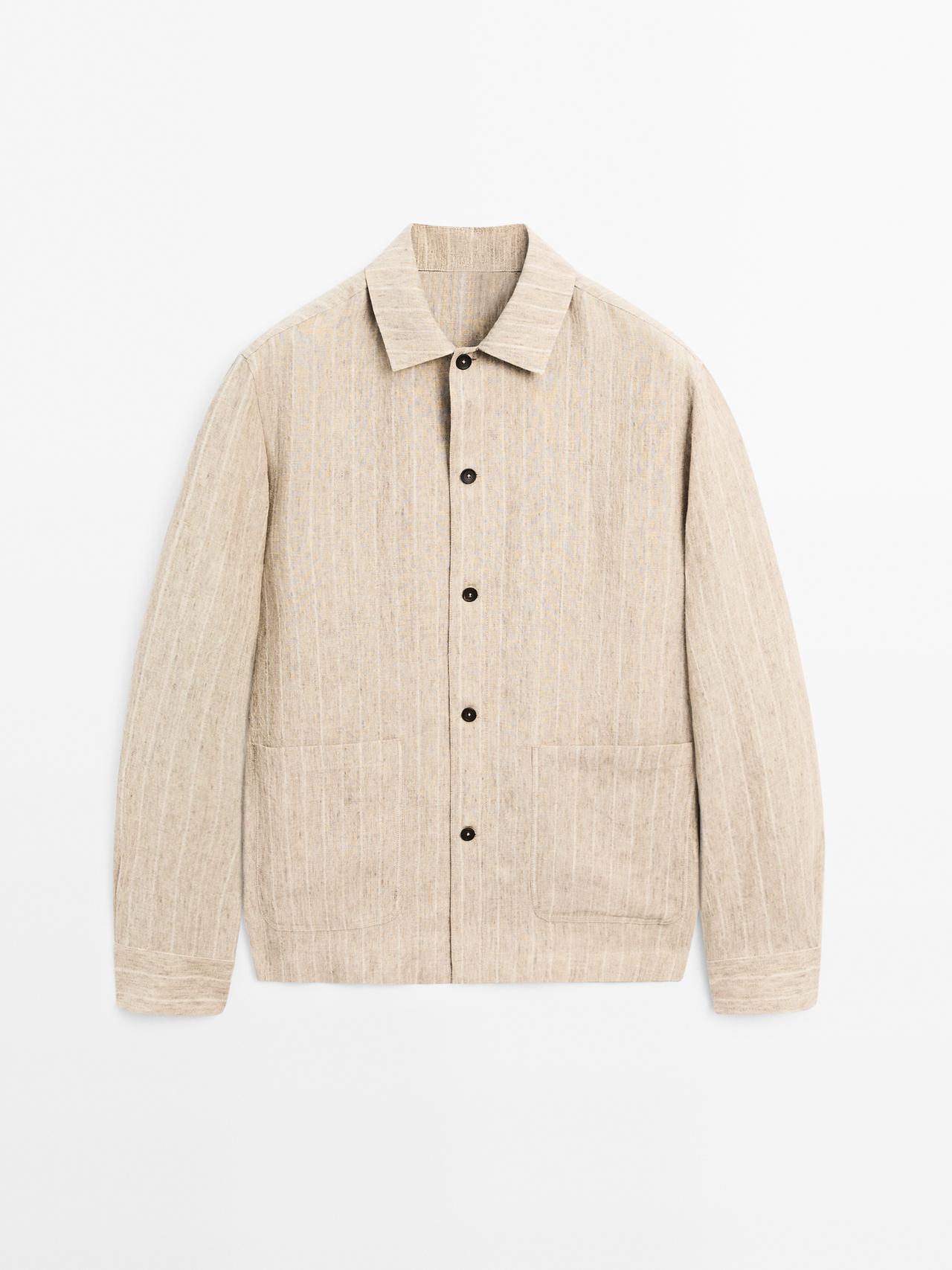 Massimo Dutti - Heren - Gestreept 100% Linnen Overshirt - Beige - Xl