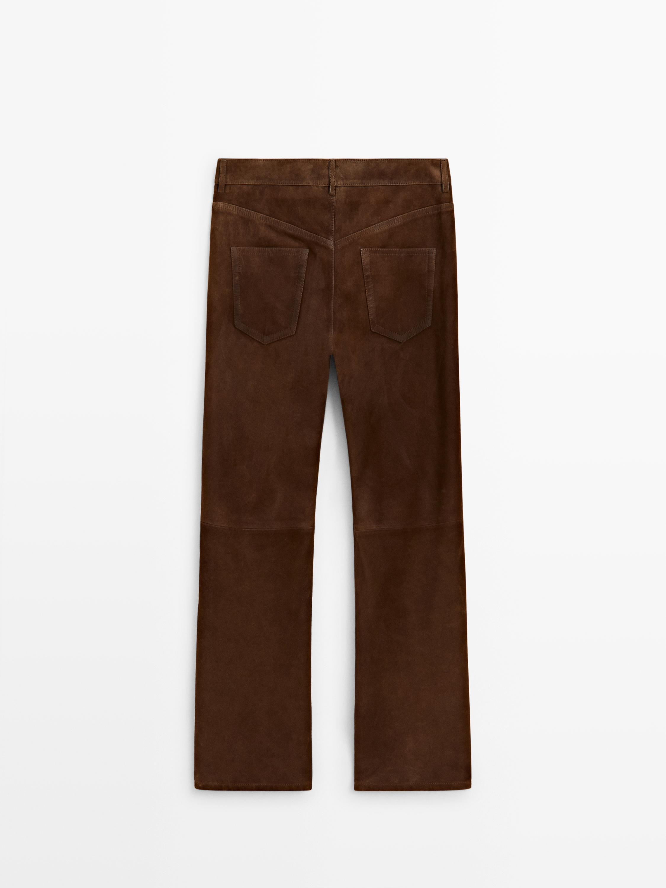 Cropped suede leather trousers with drawstrings — BROWN