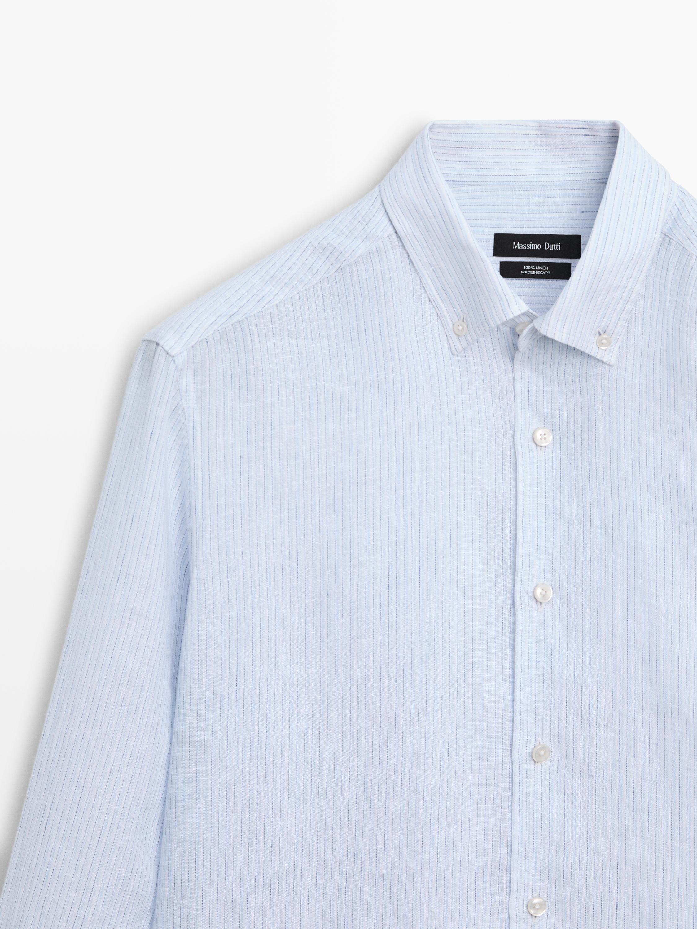 Regular fit 100% linen striped shirt — Sky blue