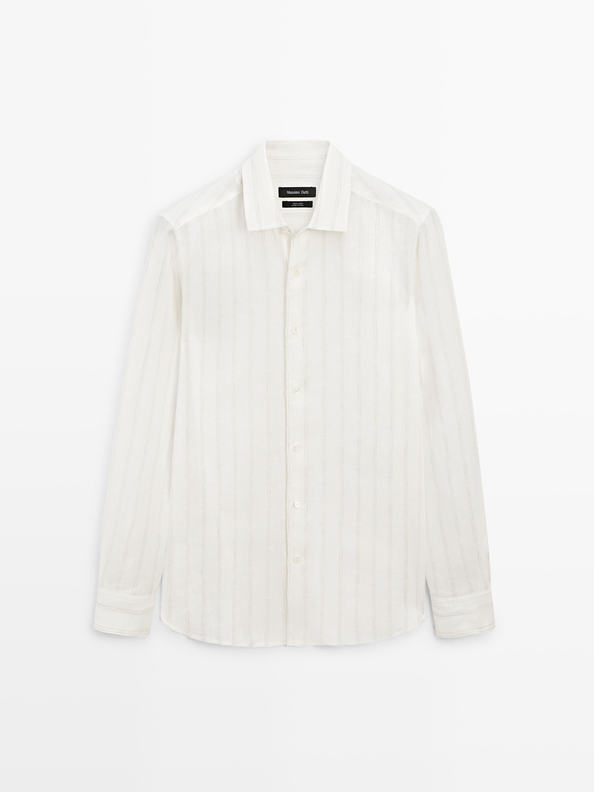 100% linen regular fit striped shirt — BEIGE