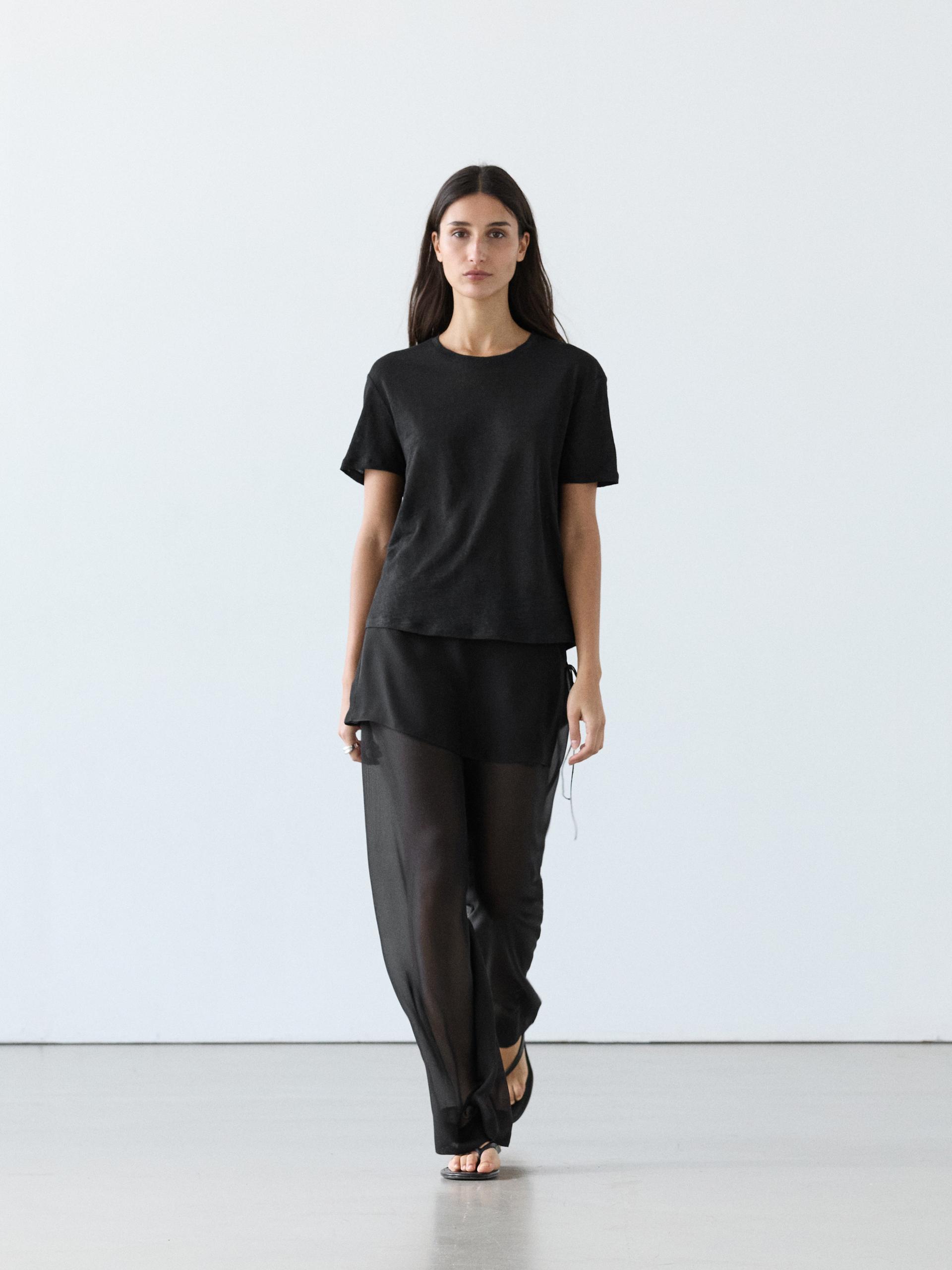 Massimo Dutti - Dame - Kortærmet T-Shirt I 100 % Hør - Sort - Xs