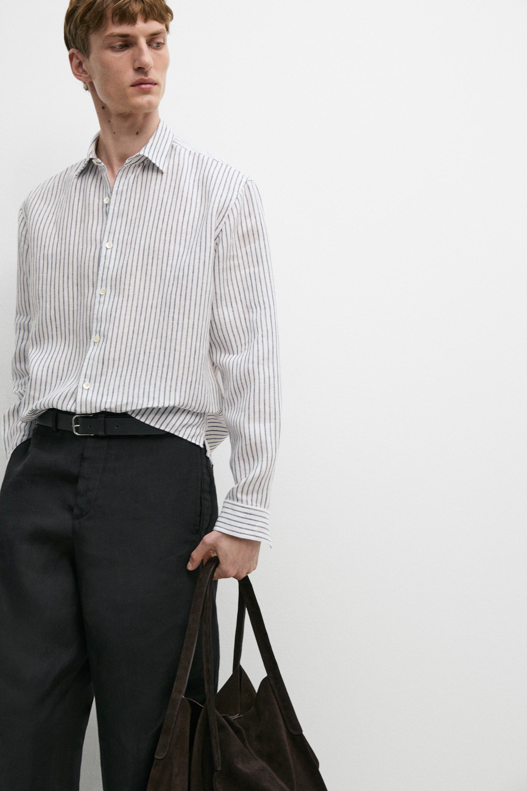 Regular fit 100% linen striped shirt — NAVY BLUE