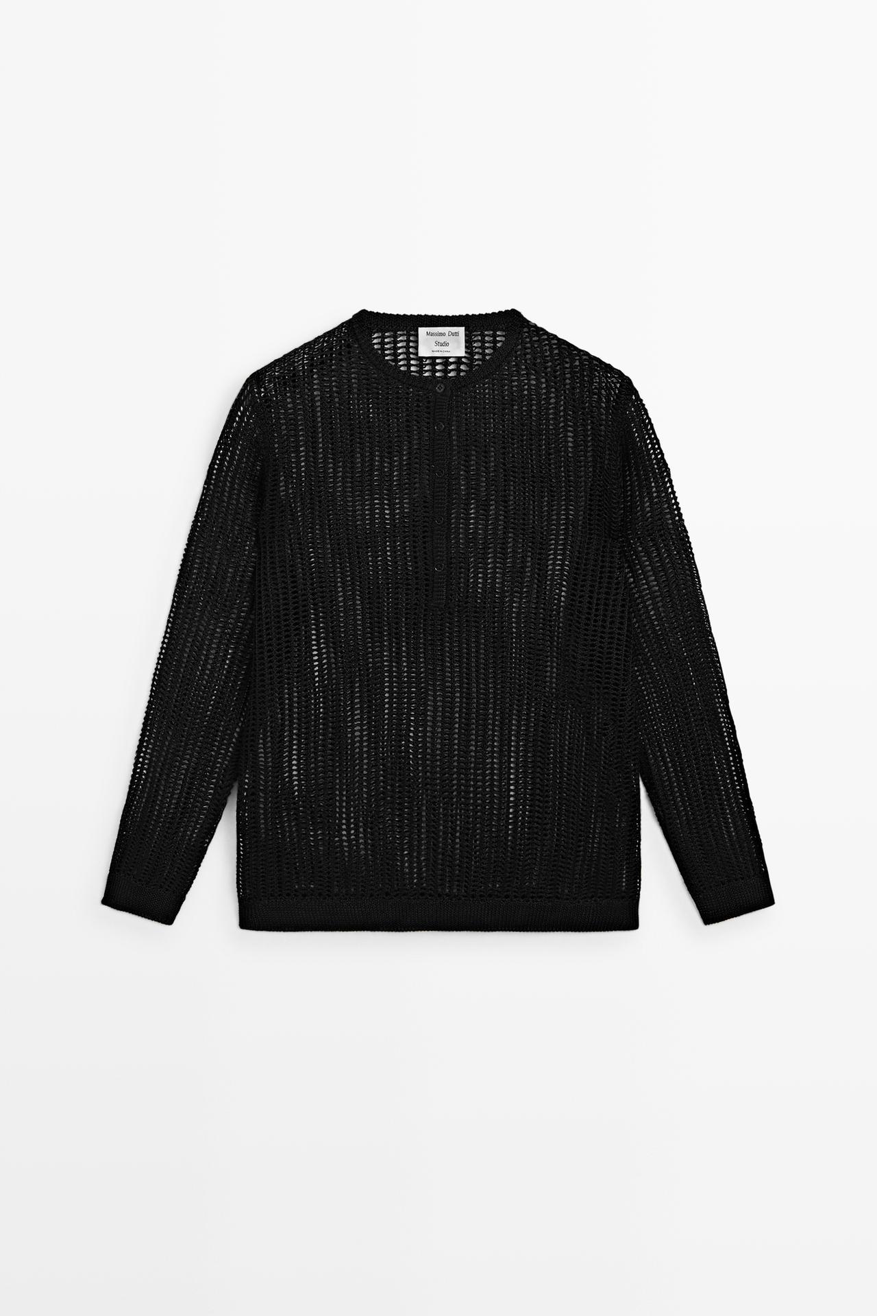 Cutwork knit button-up sweater - STUDIO — BLACK