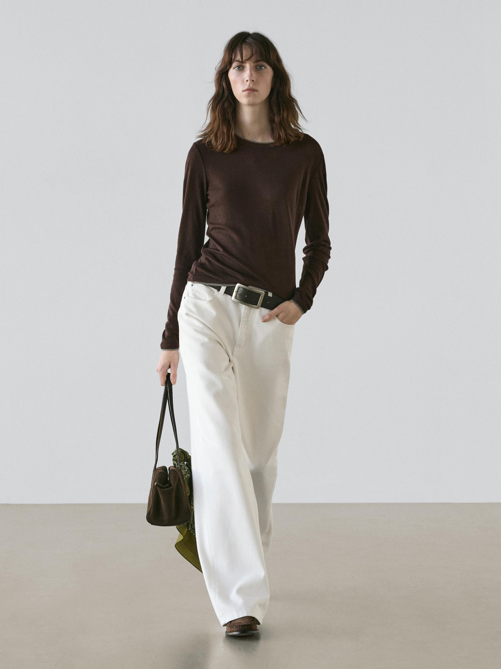 Maglietta A Maniche Lunghe Con Finitura Doppia - Marrone - S - Massimo Dutti - Femminile