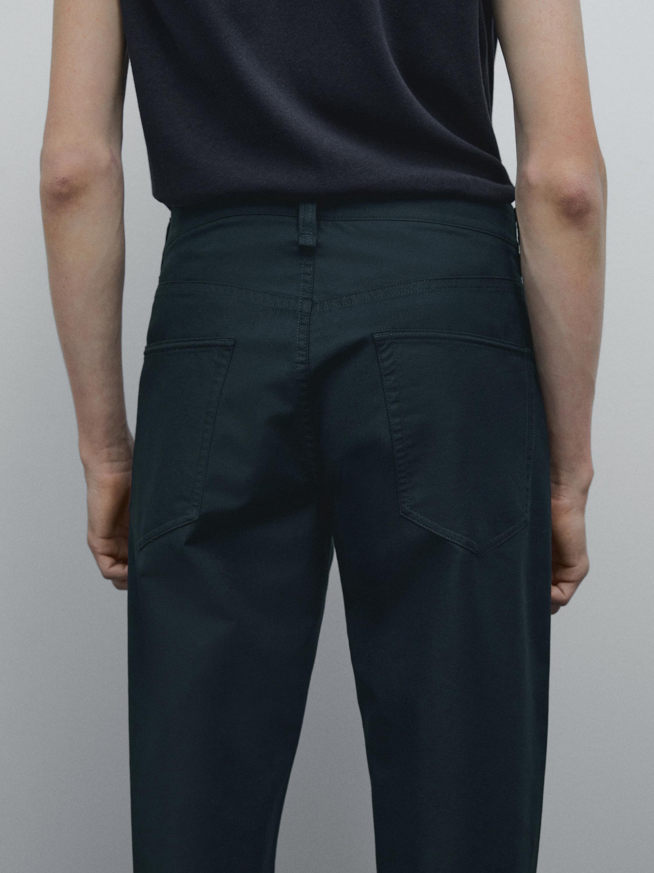Lightweight tapered fit denim-effect trousers