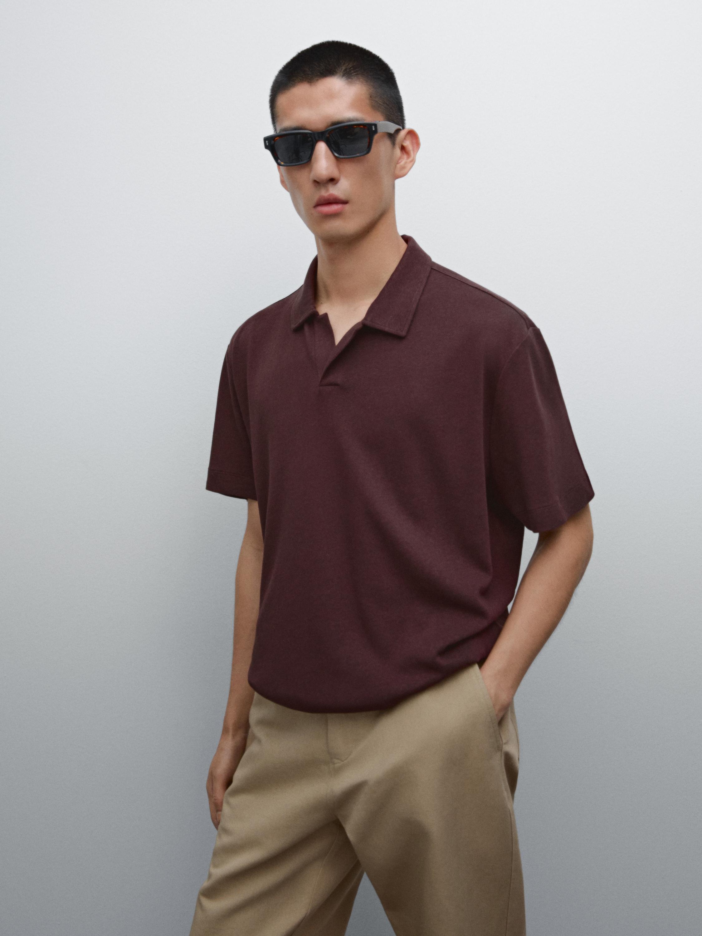 Linen blend short sleeve polo shirt